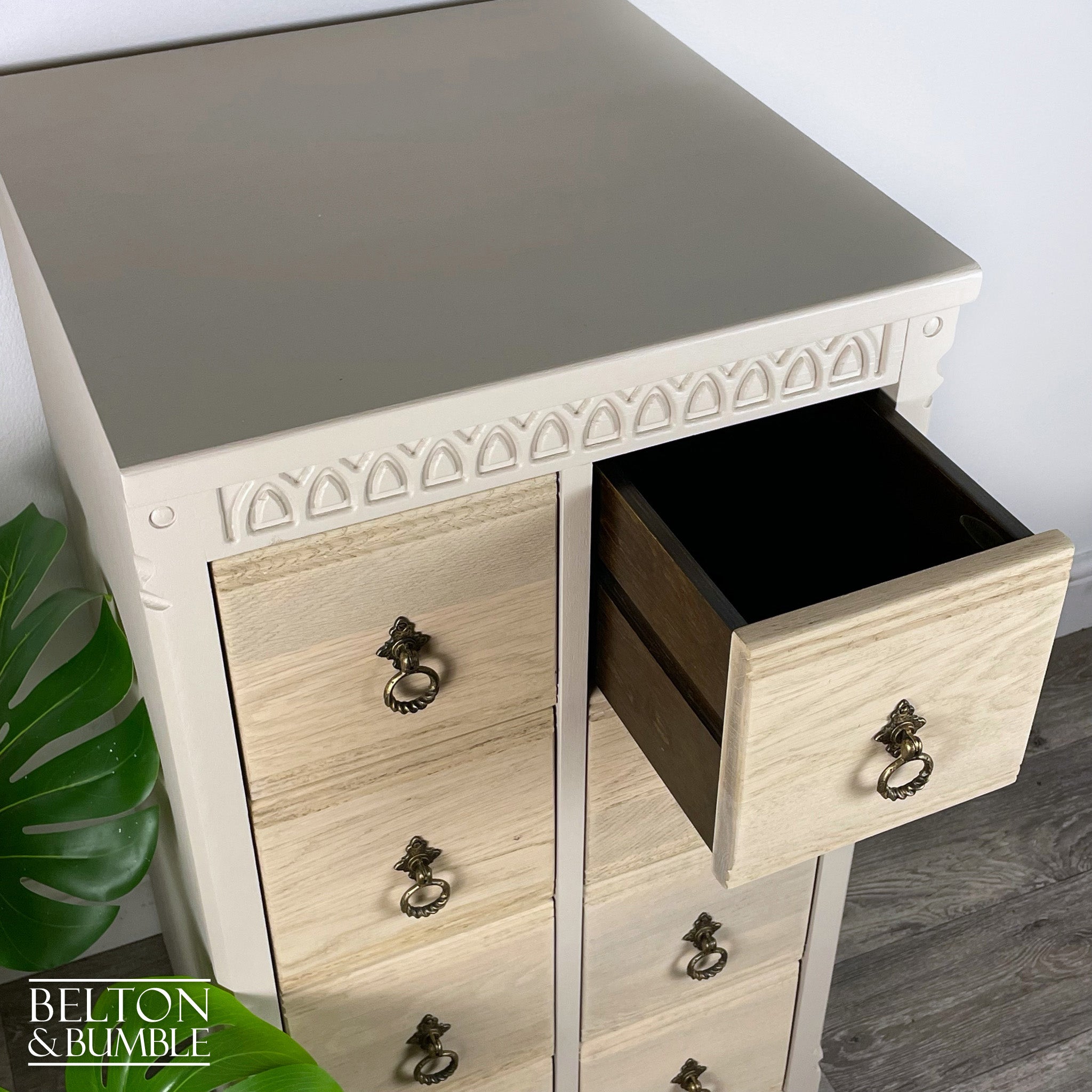 Eight Drawer Chest of Drawers in Taupe Cream and Oak-Belton & Bumble