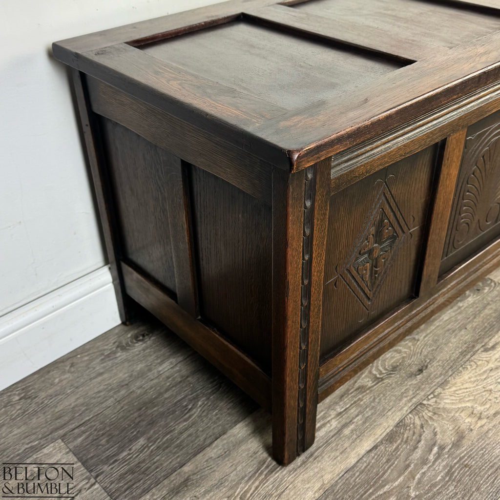 Vintage Oak Carved Panel Blanket Box, Storage Chest Coffer