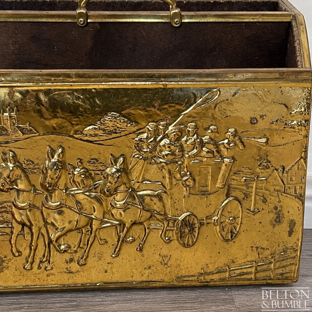 Mid Century Brass On Wood Magazine Holder with Coach & Horses Embossed