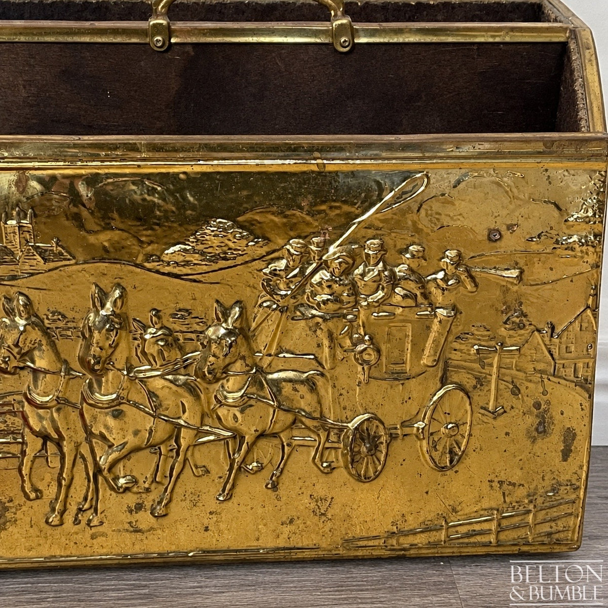 Mid Century Brass On Wood Magazine Holder with Coach & Horses Embossed
