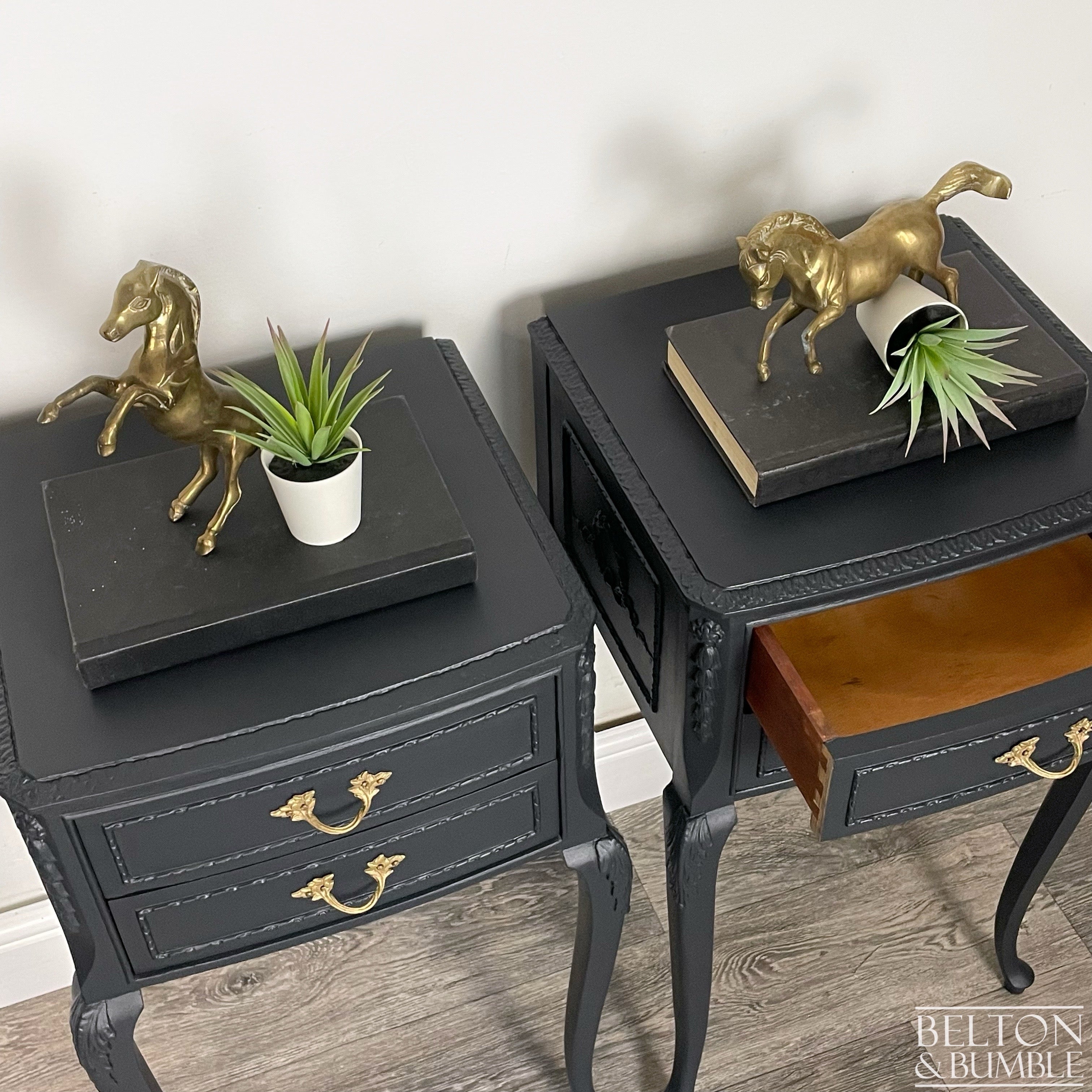 Vintage Double Door Armoire Wardrobe & Bedside Drawers in Black-Bedroom Set-Belton & Bumble