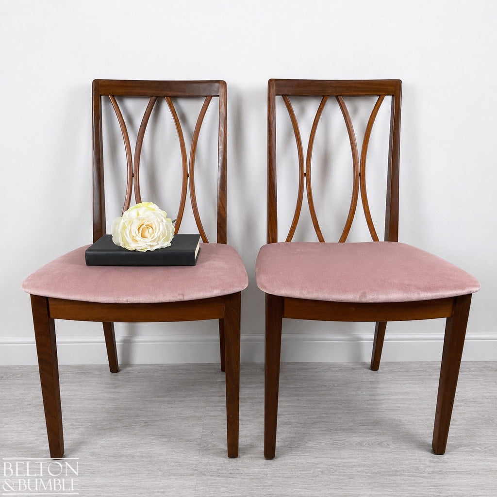 Set of Four Modern G-Plan Curve Back Teak & Afrormosia Dining Chairs by E. Gomme with Dusky Pink Velvet, 1970’s