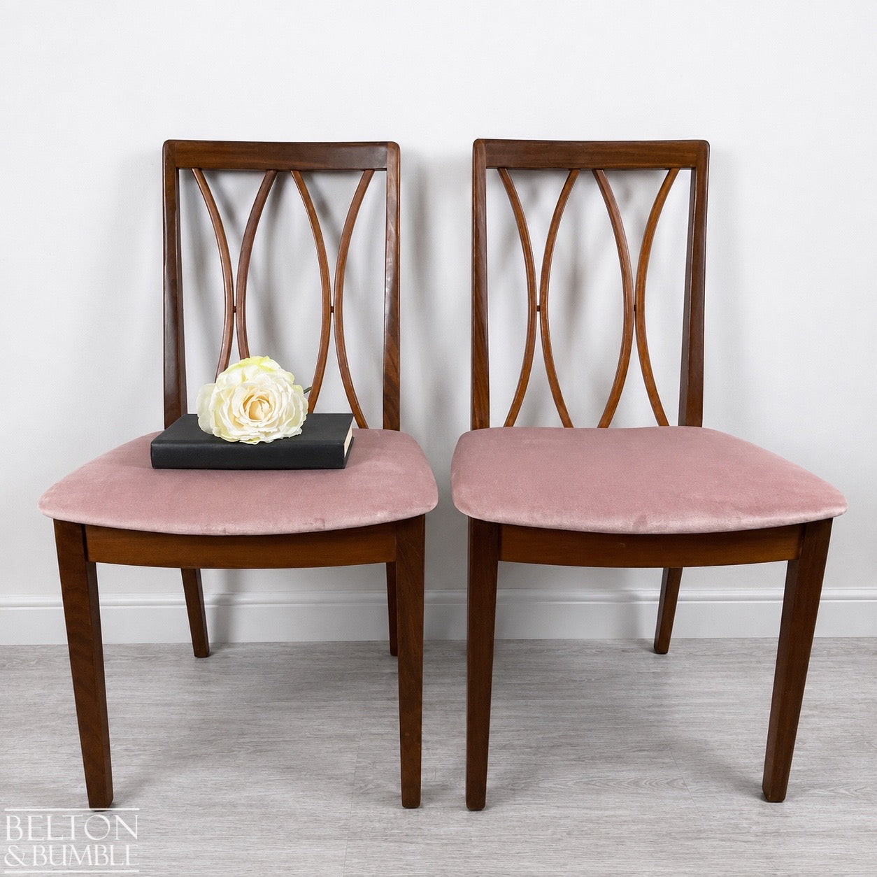 Set of Four Modern G-Plan Curve Back Teak & Afrormosia Dining Chairs by E. Gomme with Dusky Pink Velvet, 1970’s