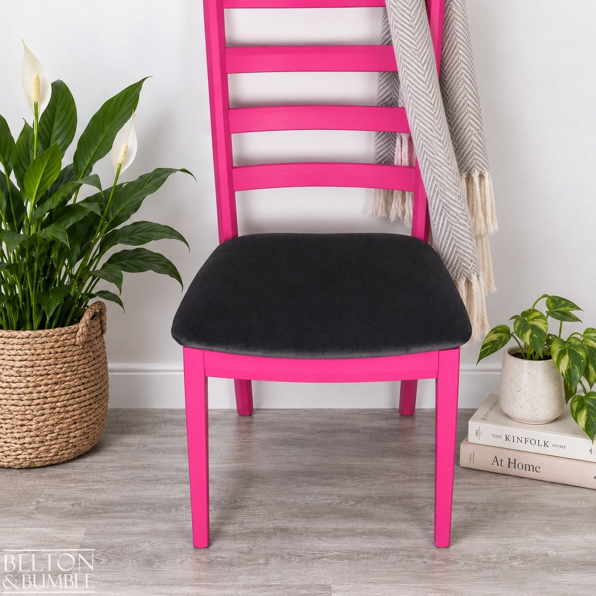Bright Pink G Plan Chair with Dark Grey Velvet Seat