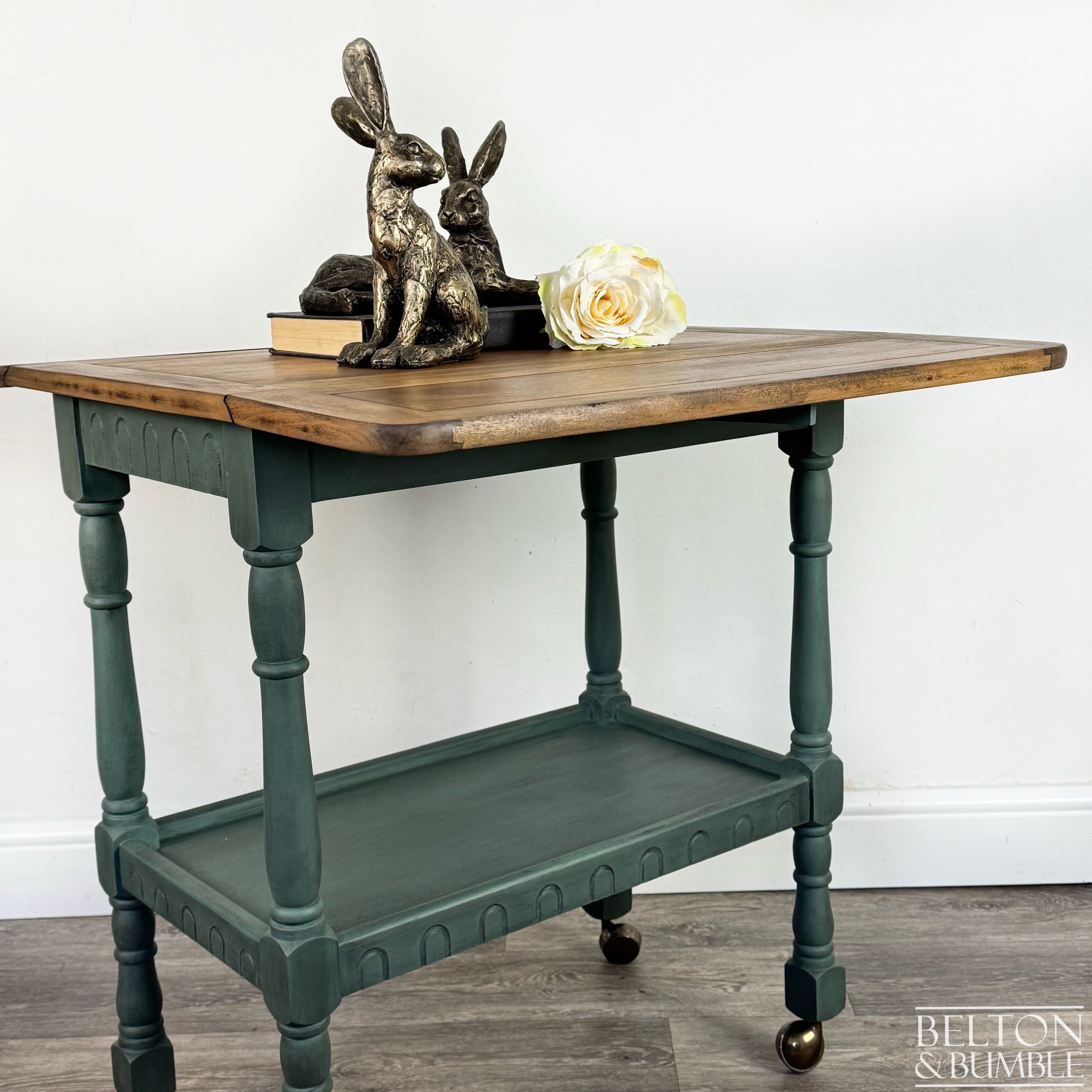 Mid 20th Century Oak Drop Leaf Serving Trolley Table in Green-Belton & Bumble