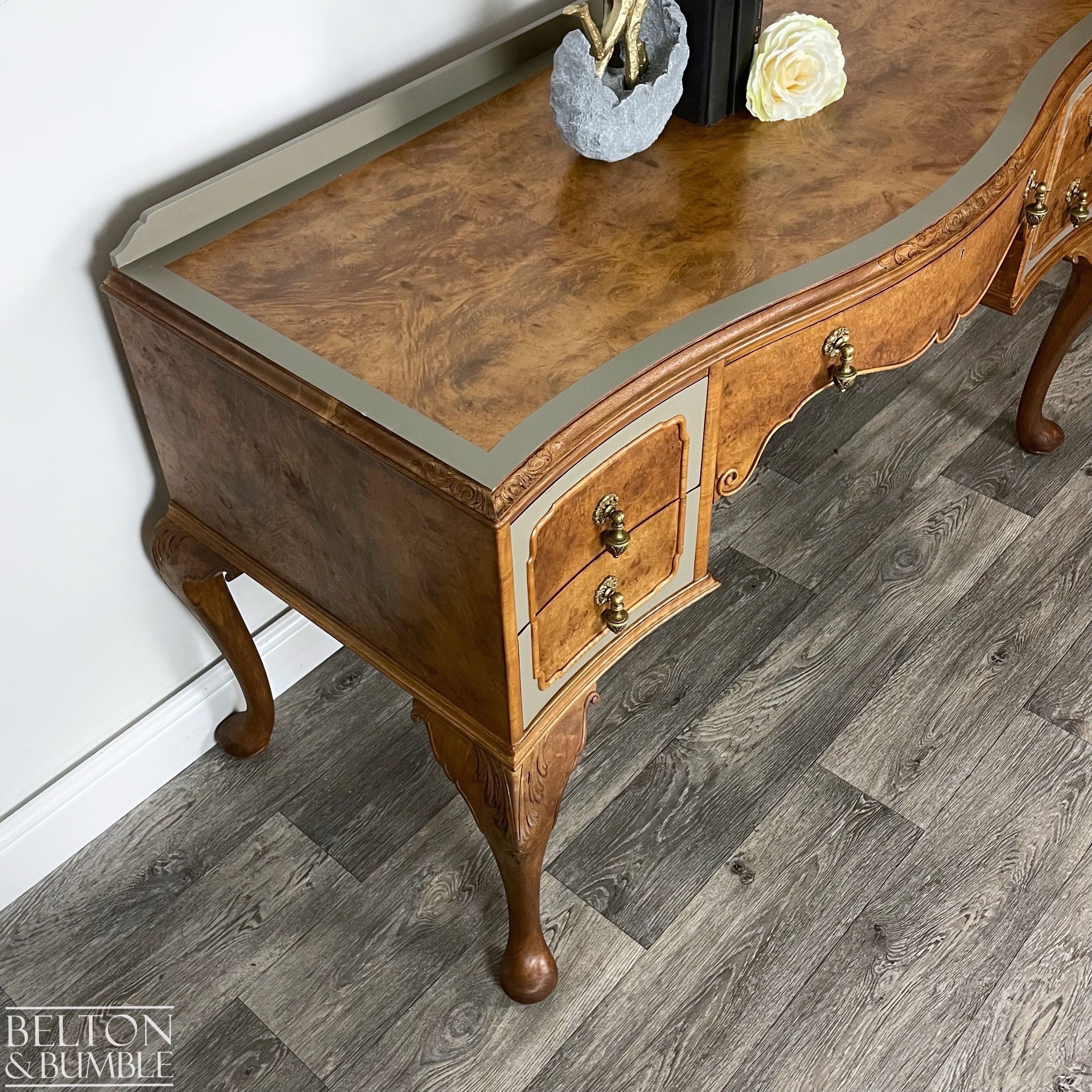 Large Cherry & Burr Cut Veneer Desk / Dressing Table in Green Grey-Belton & Bumble