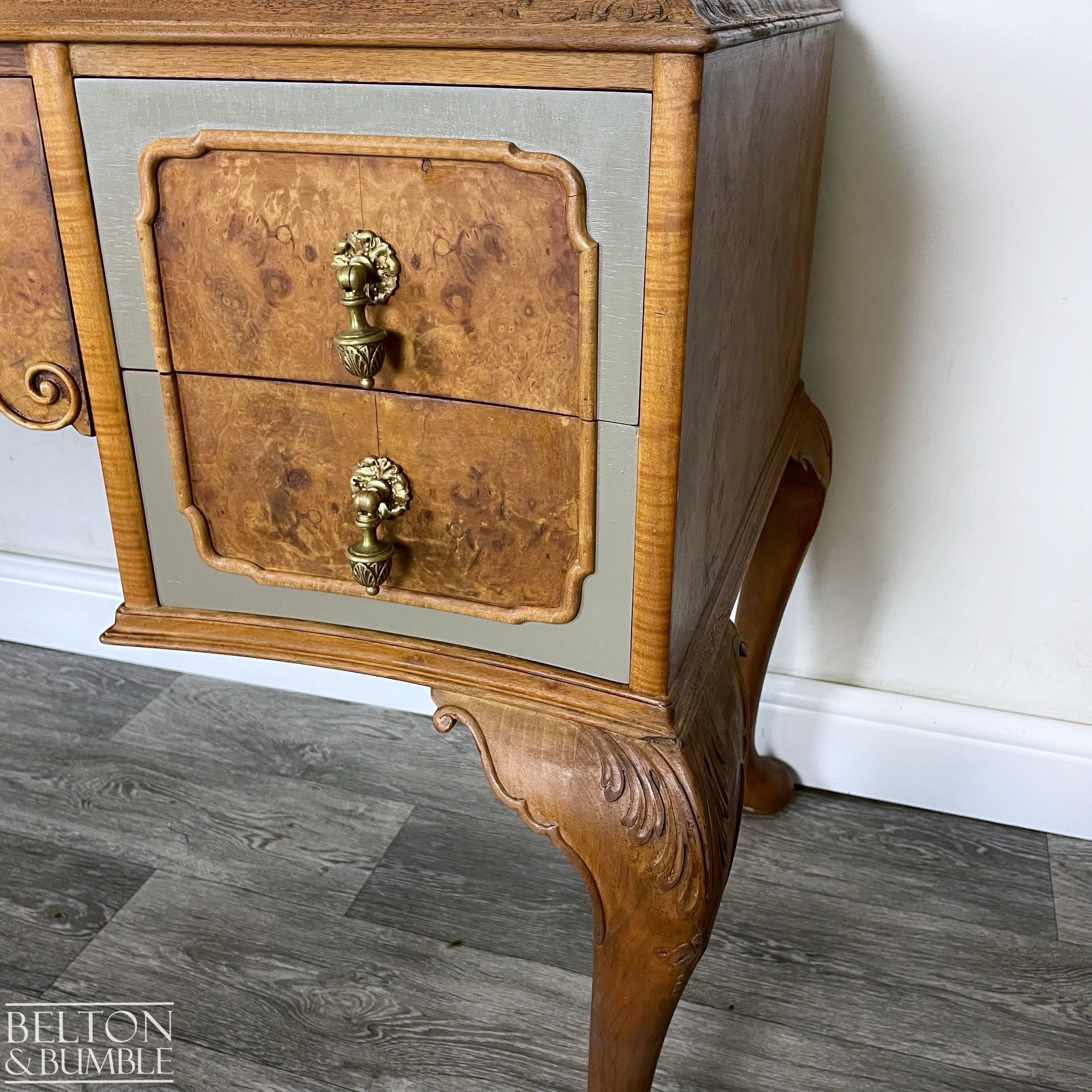 Large Cherry & Burr Cut Veneer Desk / Dressing Table in Green Grey-Belton & Bumble