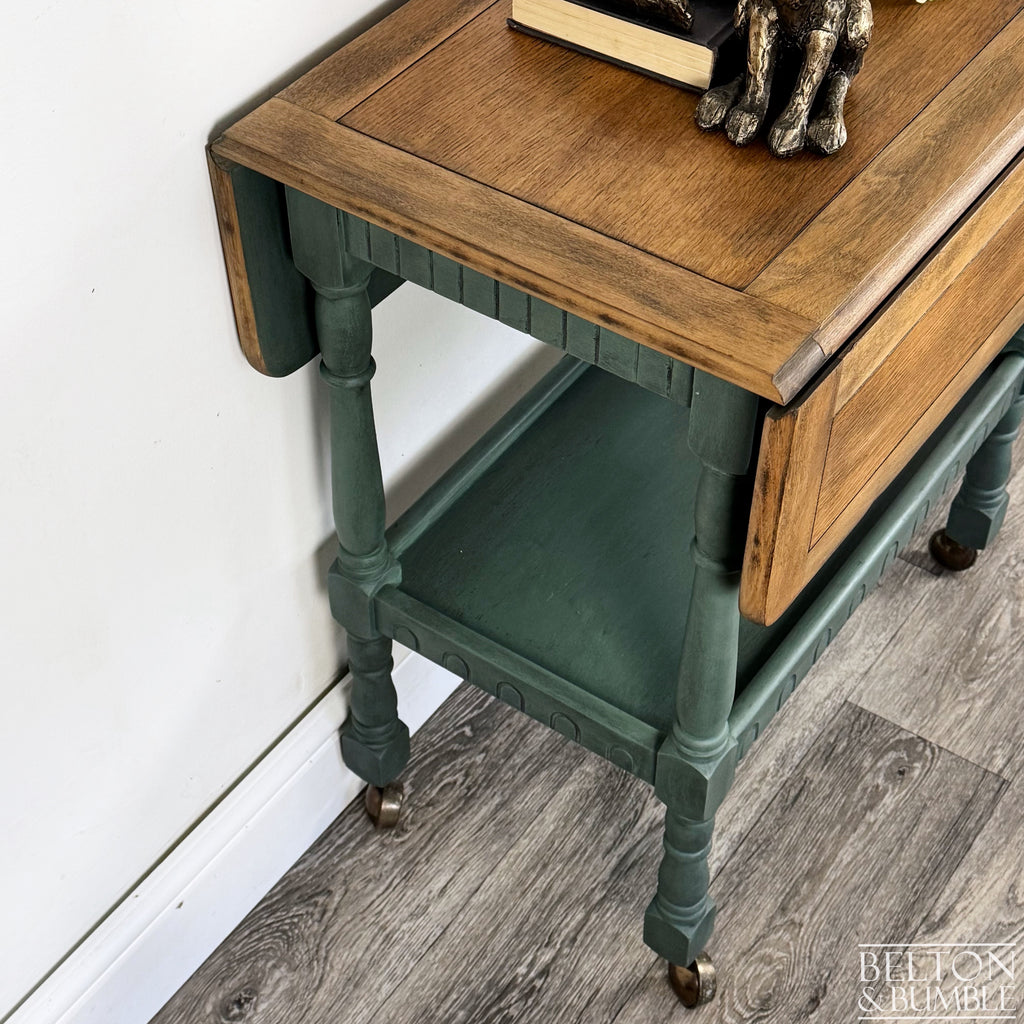 Mid 20th Century Oak Drop Leaf Serving Trolley Table in Green-Belton & Bumble