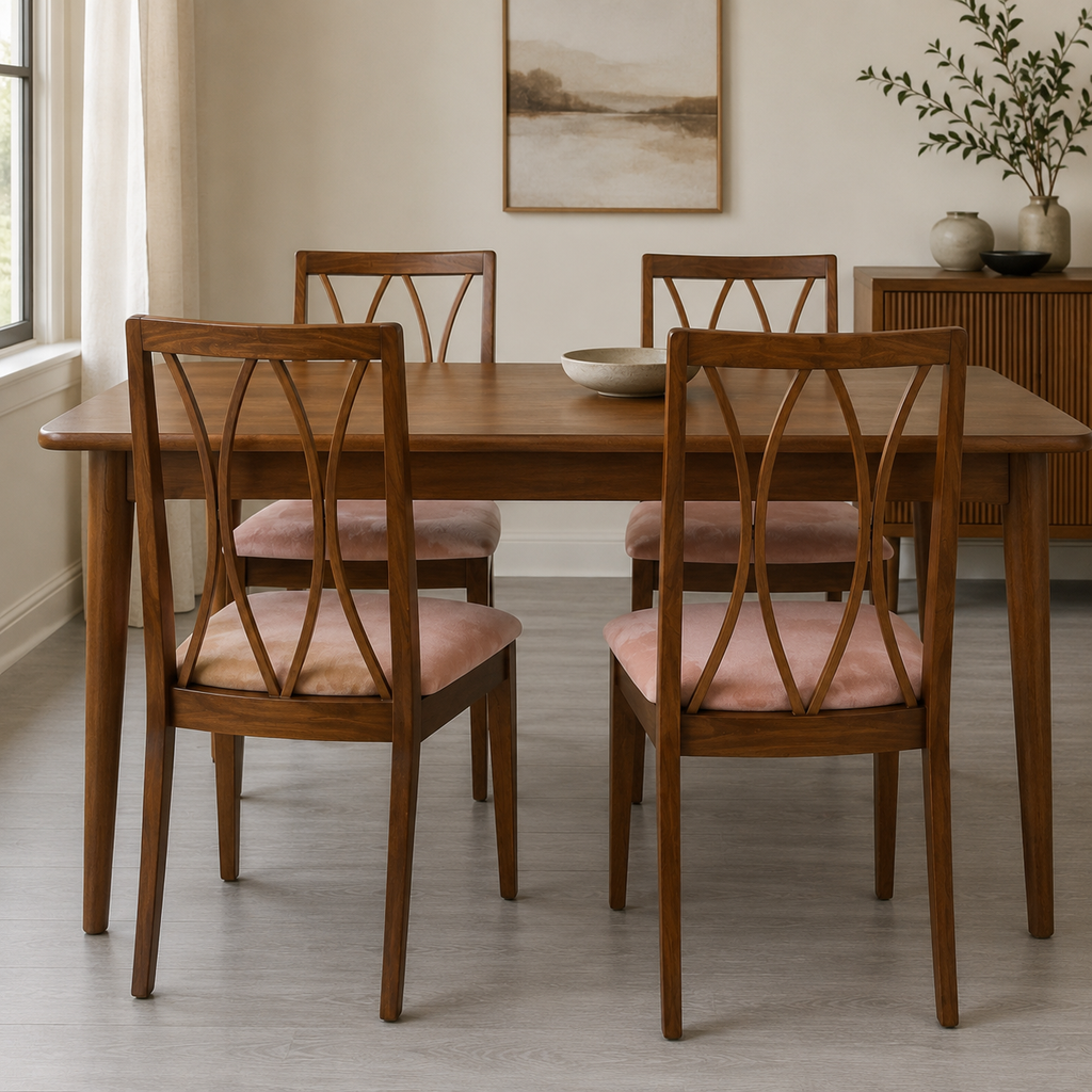 Set of Four Modern G-Plan Curve Back Teak & Afrormosia Dining Chairs by E. Gomme with Dusky Pink Velvet, 1970’s