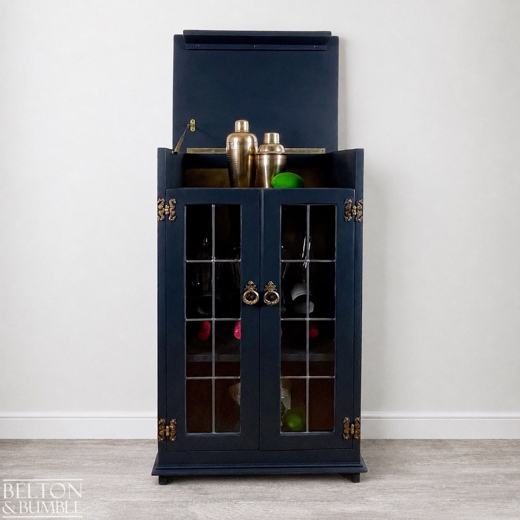 Solid Wood Carved Navy and Gold Cocktail Drinks Cabinet