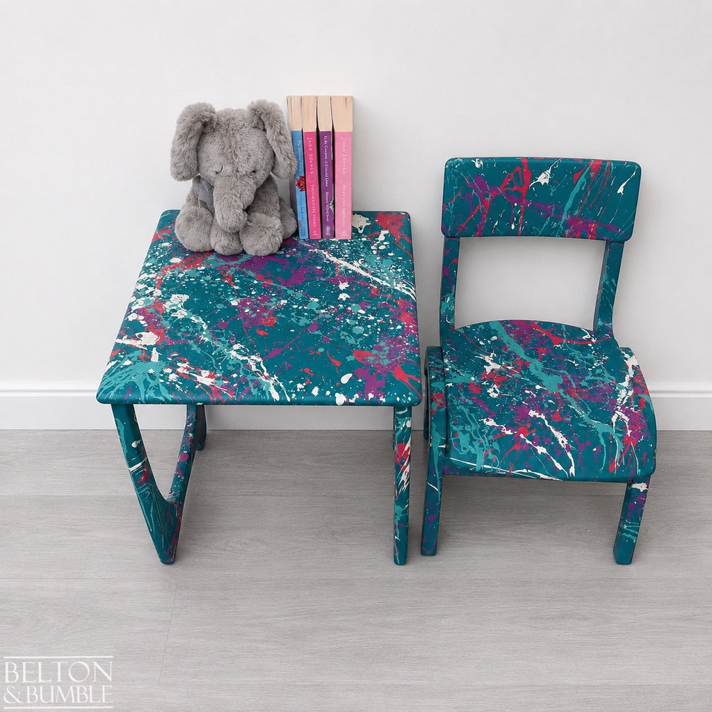 Teal Paint-Splattered Children’s Table & Chair Set