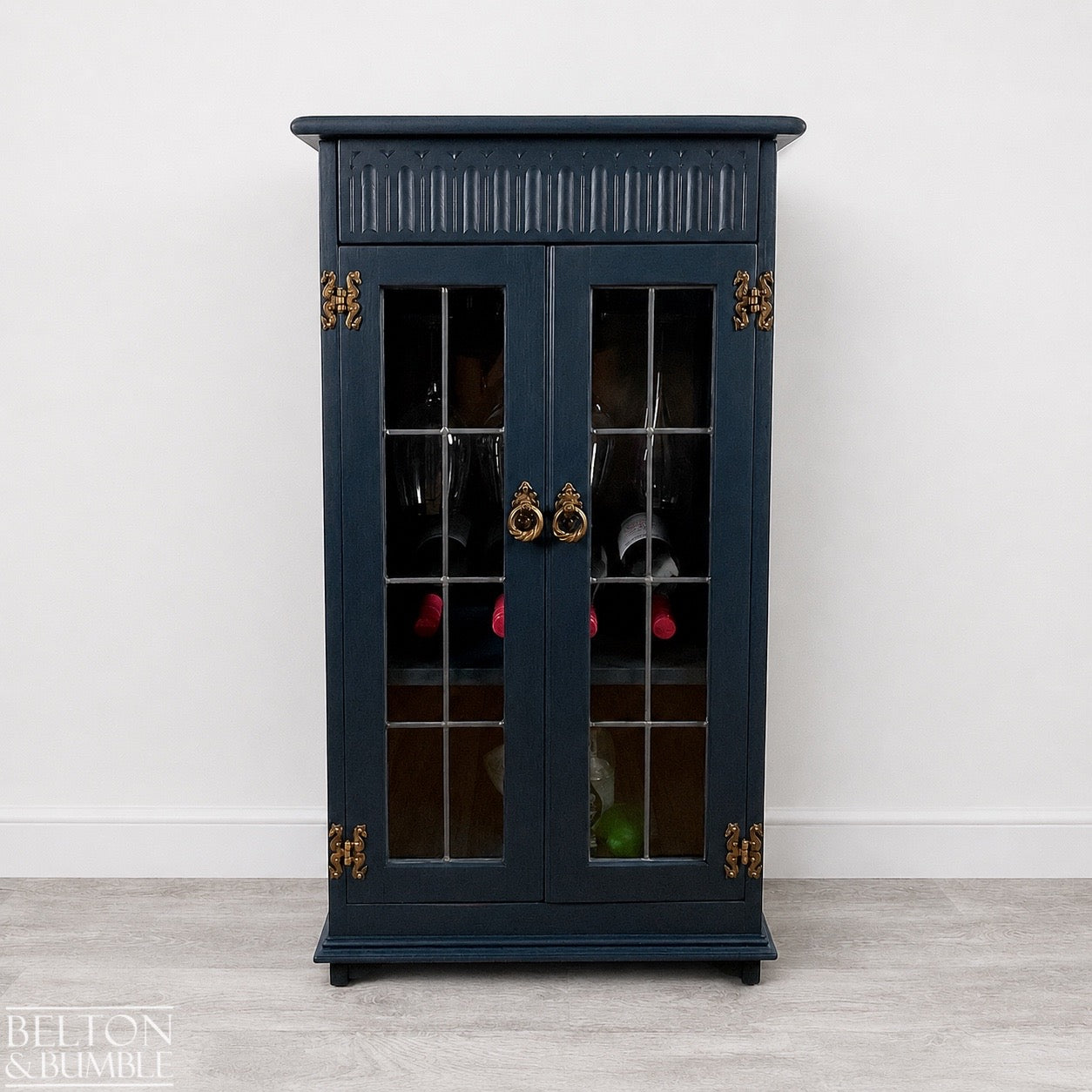 Solid Wood Carved Navy and Gold Cocktail Drinks Cabinet
