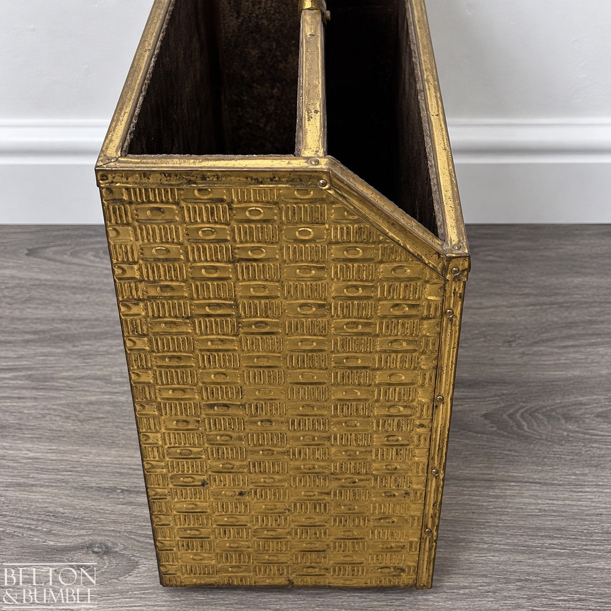 Mid Century Brass On Wood Magazine Holder with Coach & Horses Embossed