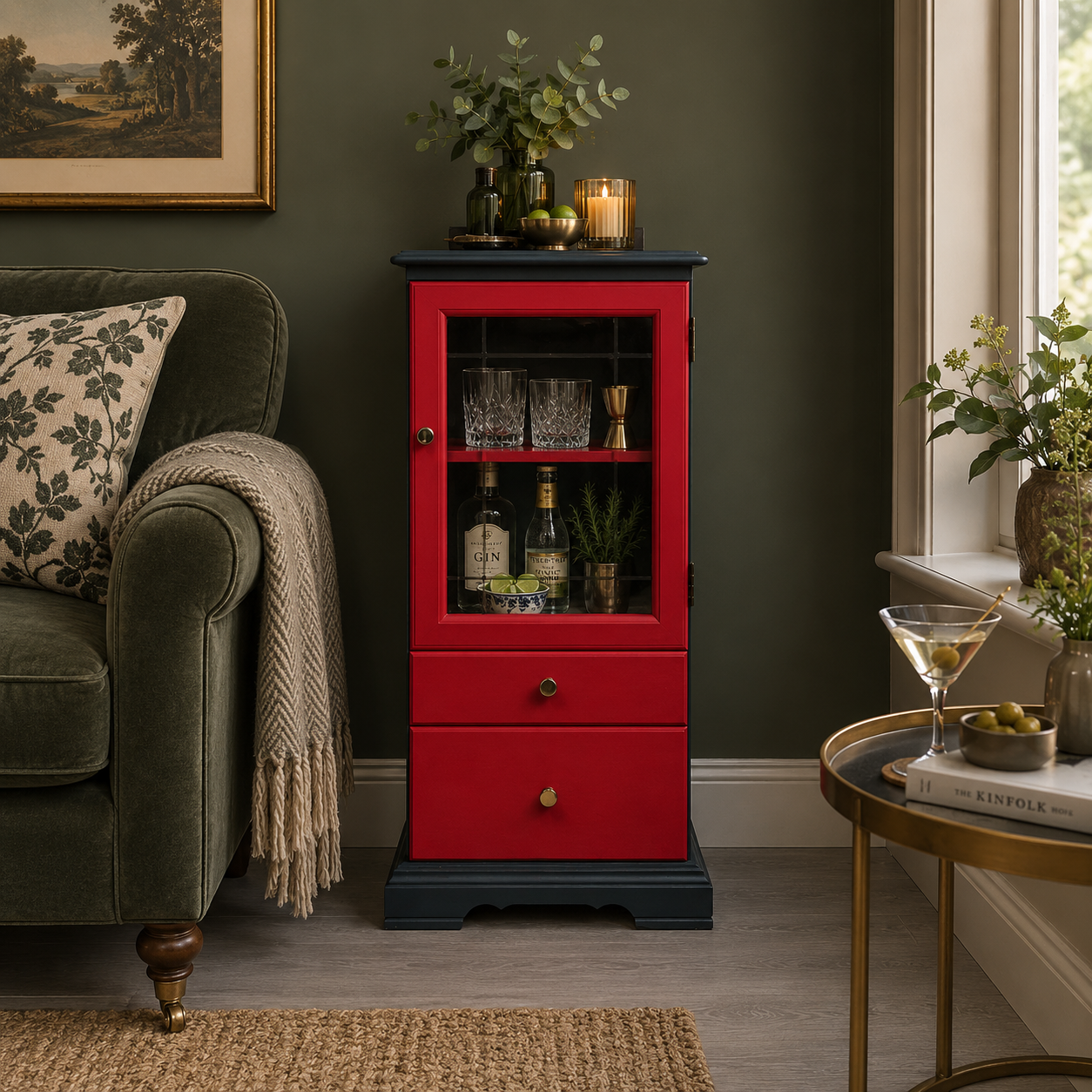 Glass Door Cabinet in Blue and Red