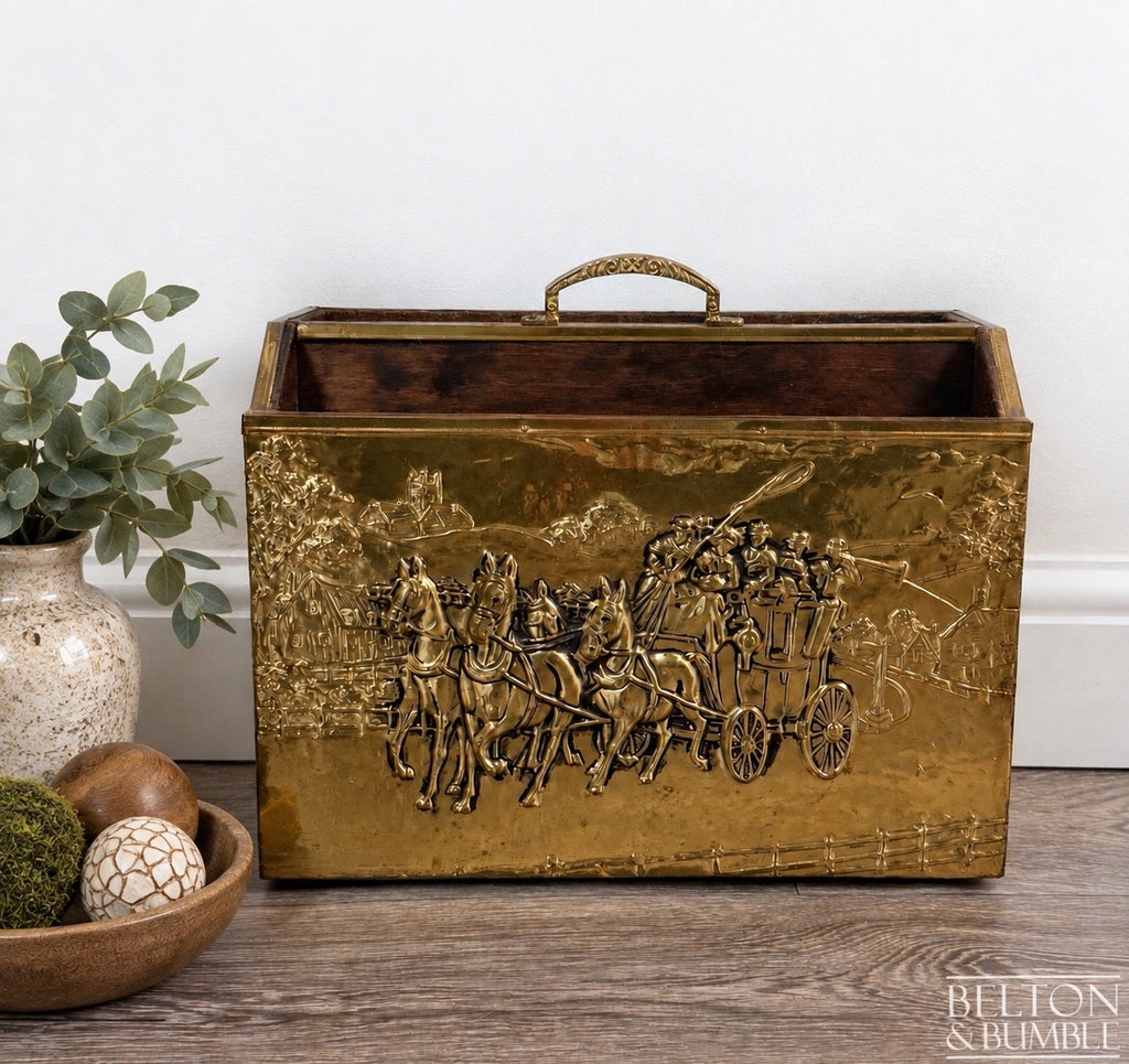 Mid Century Brass On Wood Magazine Holder with Coach & Horses Embossed