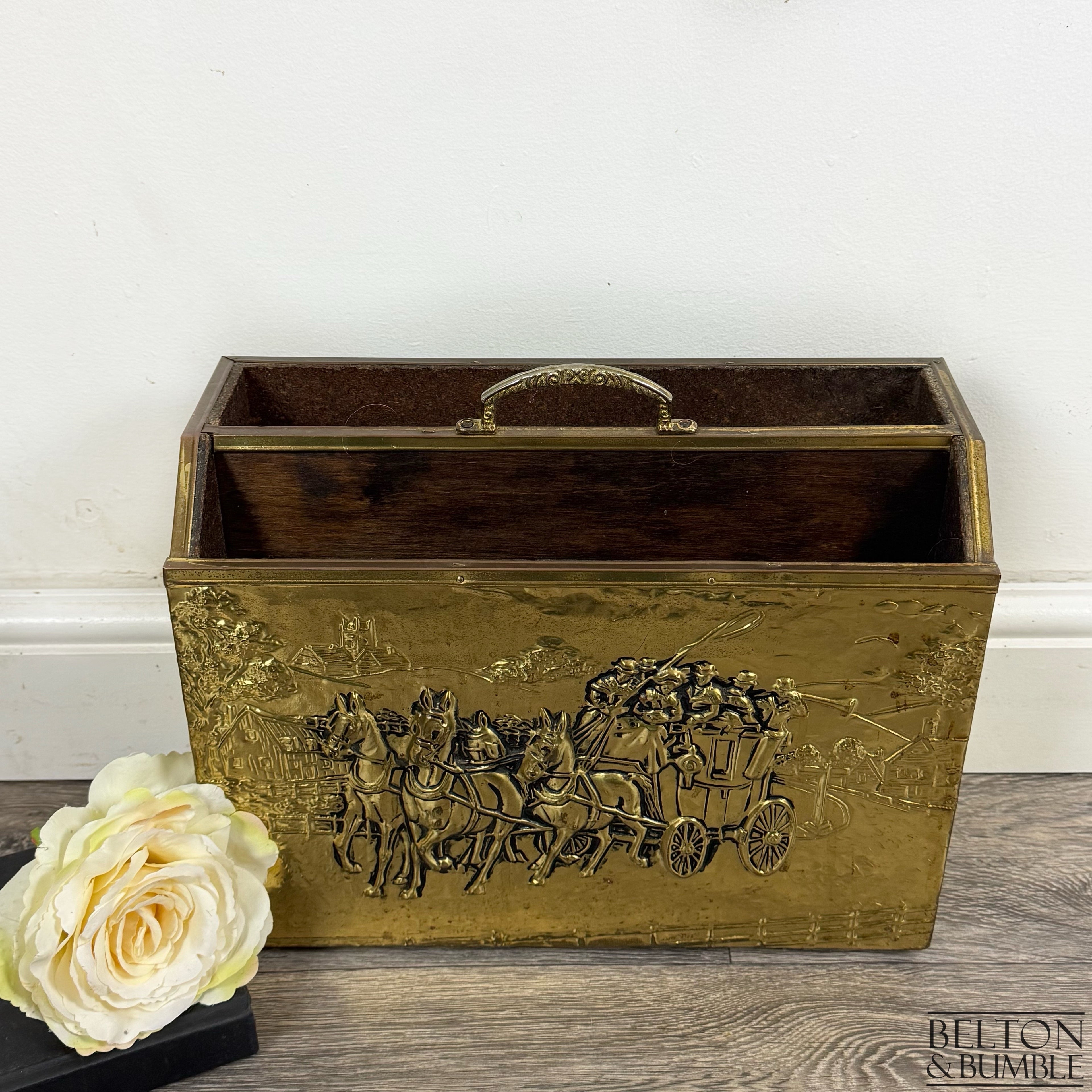 Vintage Brass Coaching Scene Magazine Rack by Lombard