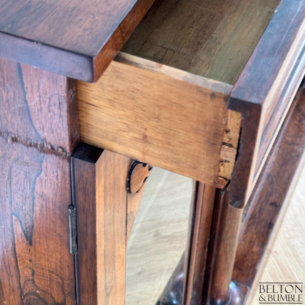 Antique Walnut Side Cabinet with Glazed Doors – Open drawer showing wear 