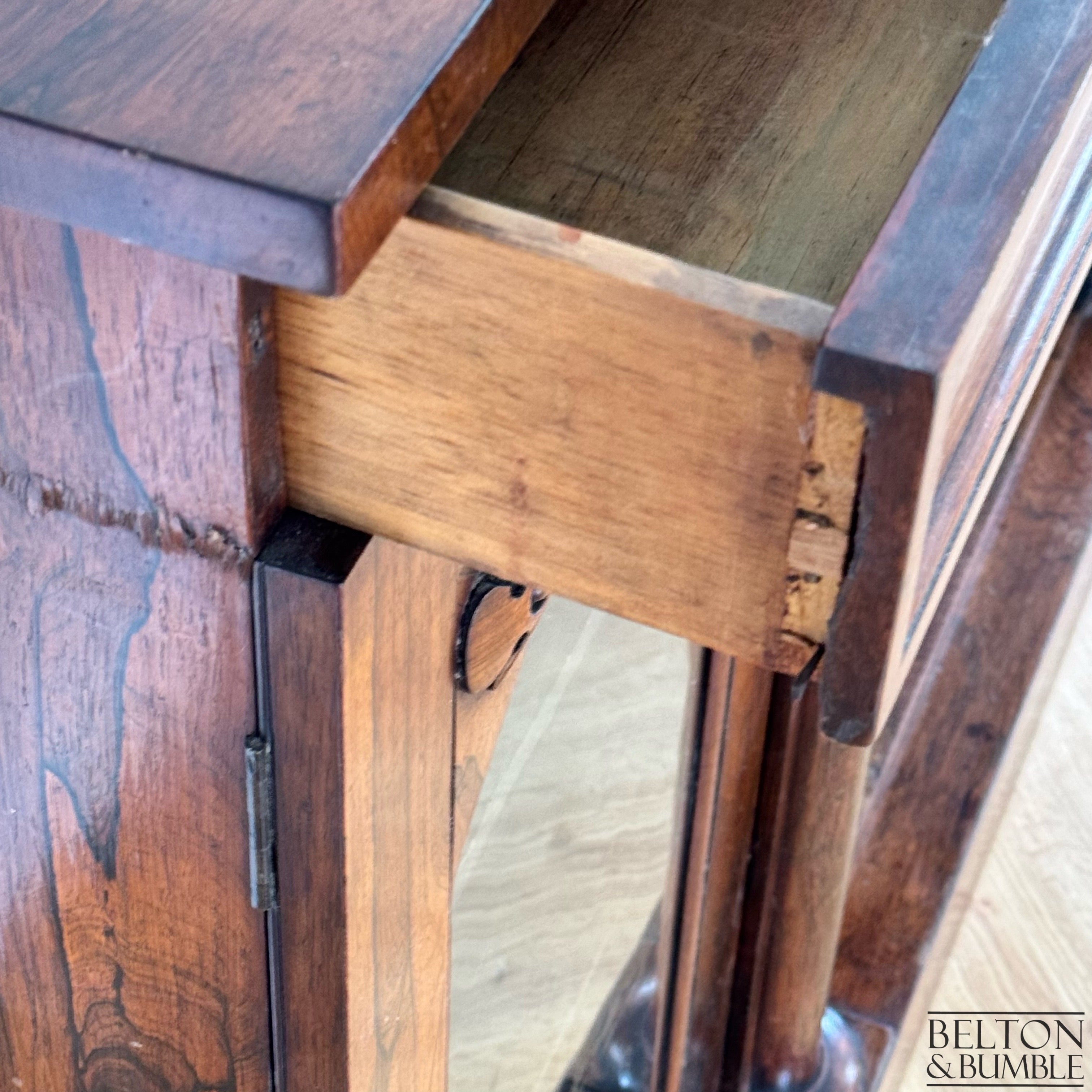 Antique Walnut Side Cabinet with Glazed Doors – Open drawer showing wear 