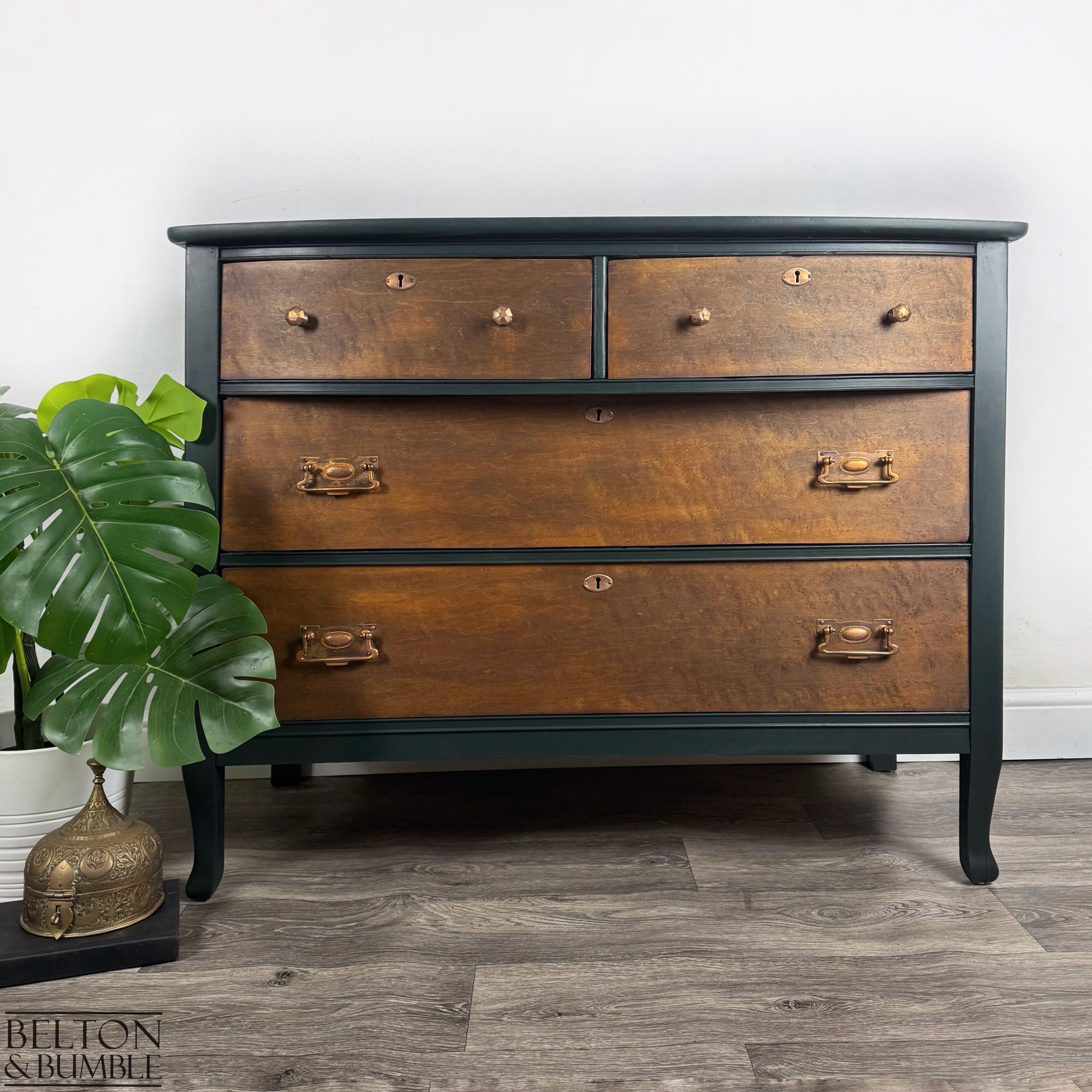 Bow Fronted Four Drawer Bird’s Eye Maple Chest of Drawers in Green