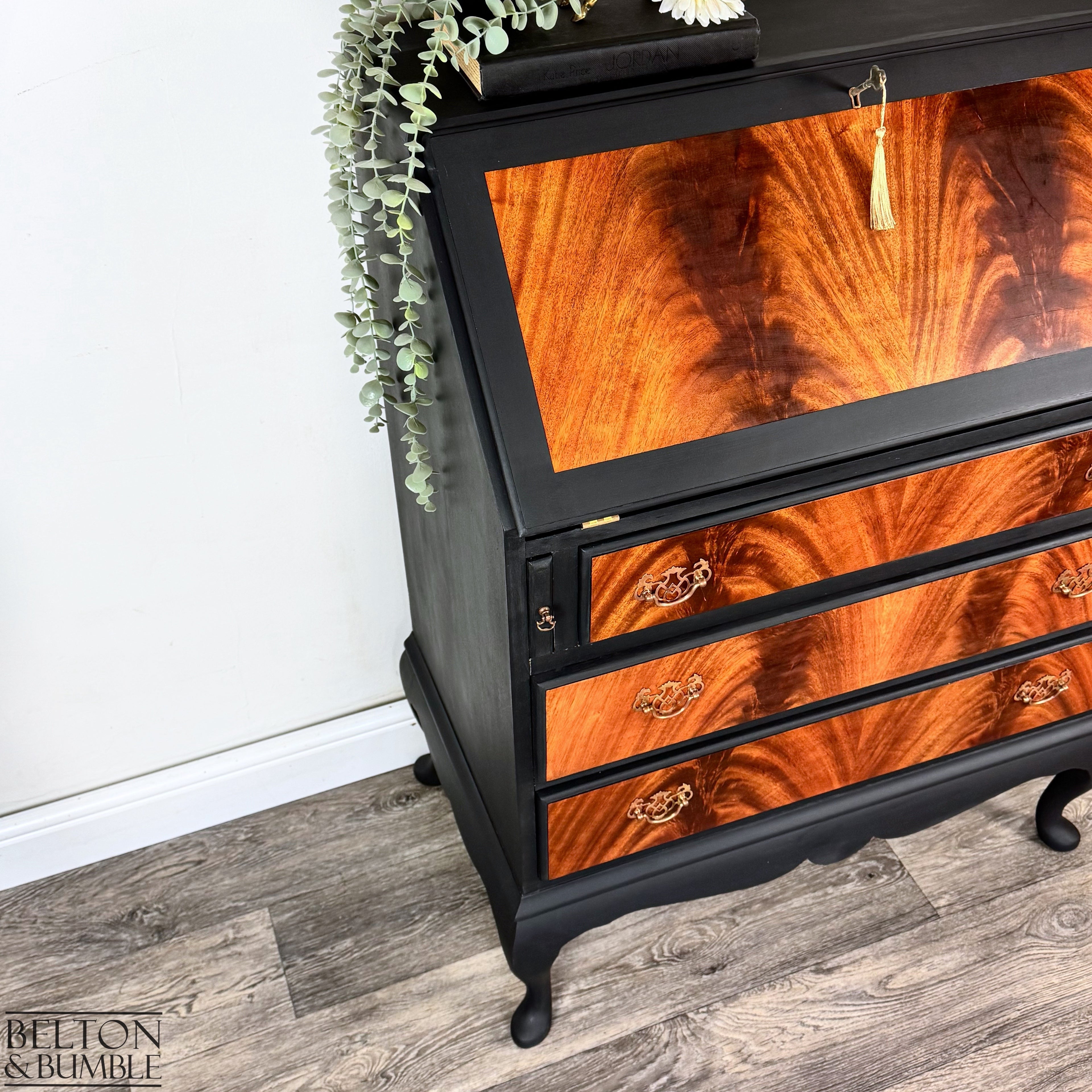 Queen Anne Flame Mahogany Writing Bureau Desk in Black-Belton & Bumble