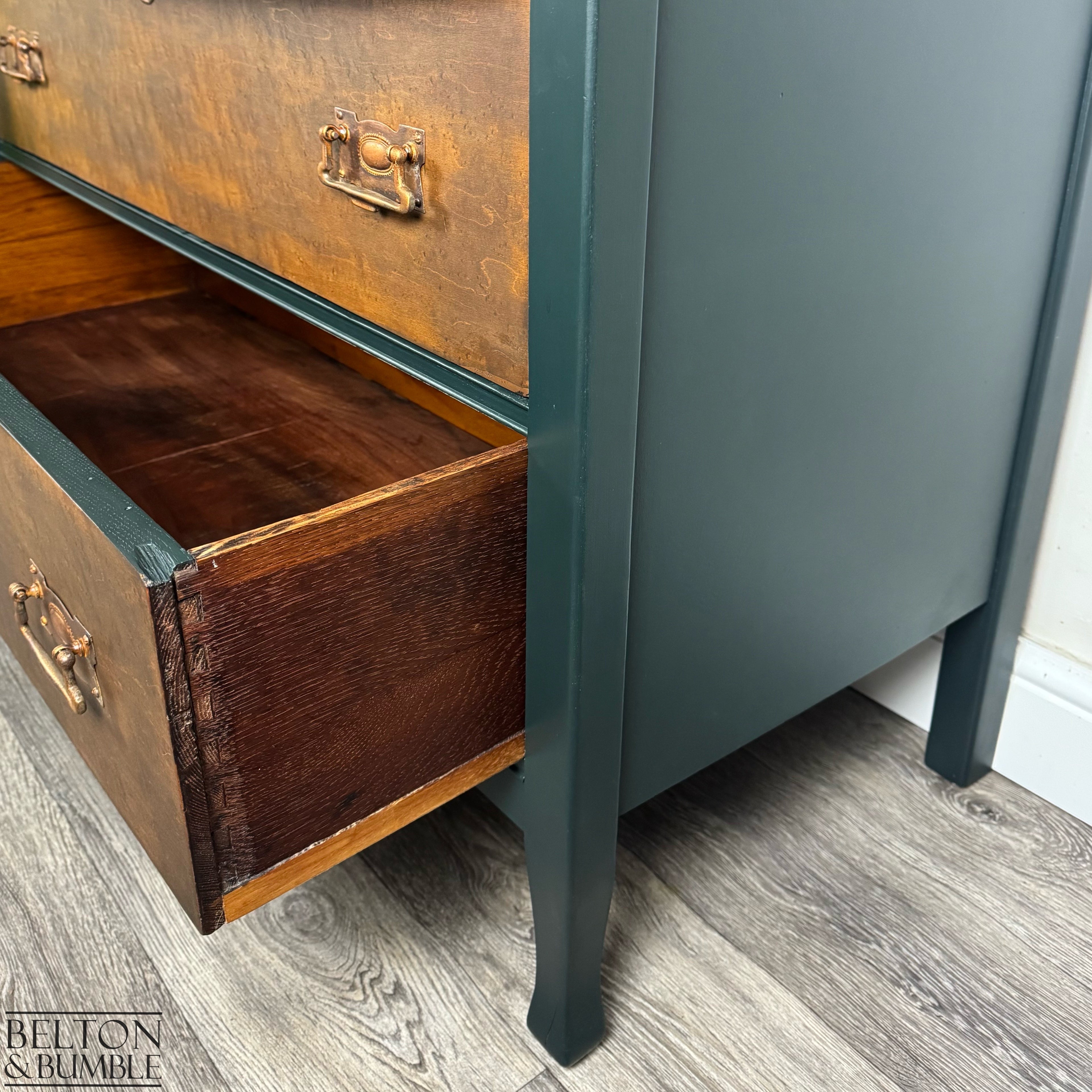 Bow Fronted Four Drawer Bird’s Eye Maple Chest of Drawers in Green