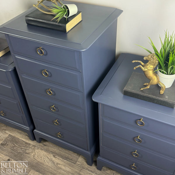 Narrow 6 Drawer Tallboy Chest and Matching Bedside Drawers in Navy – STAG Minstrel