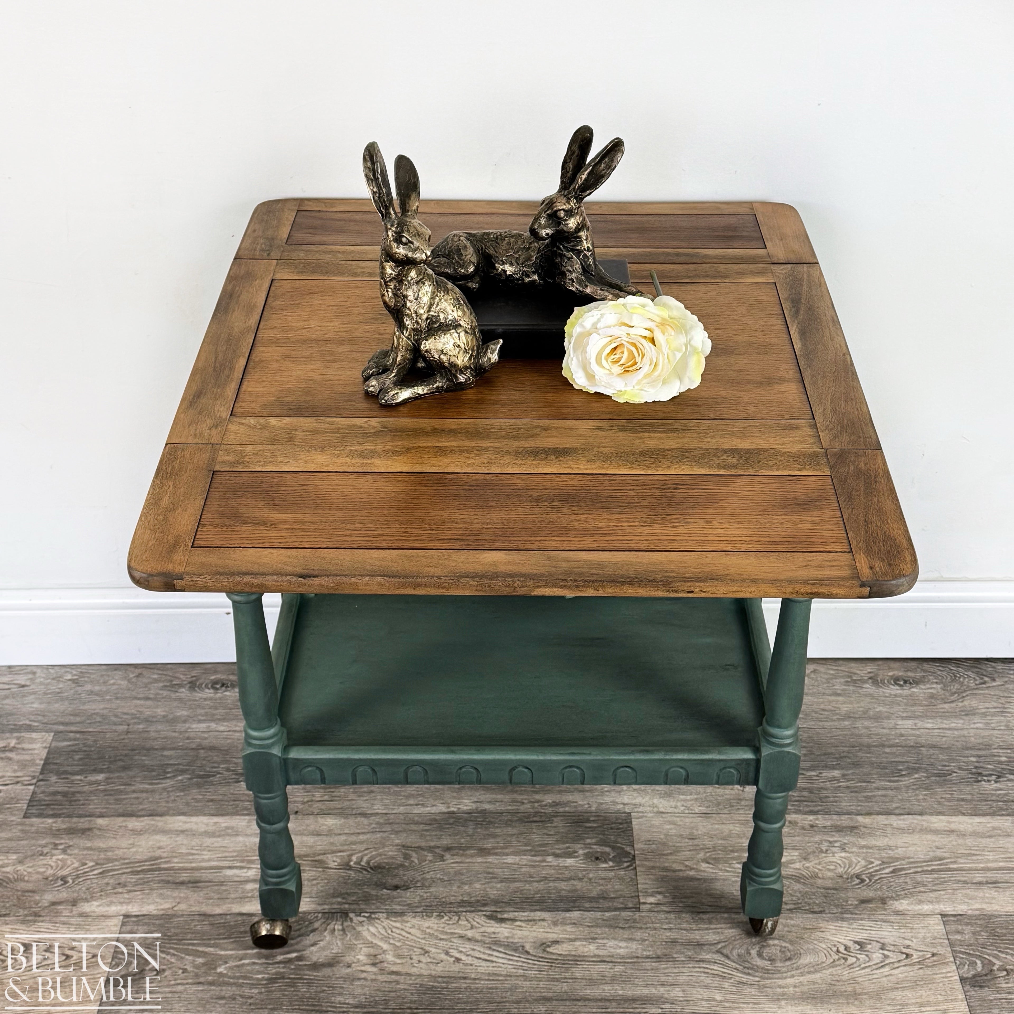 Mid 20th Century Oak Drop Leaf Serving Trolley Table in Green-Belton & Bumble