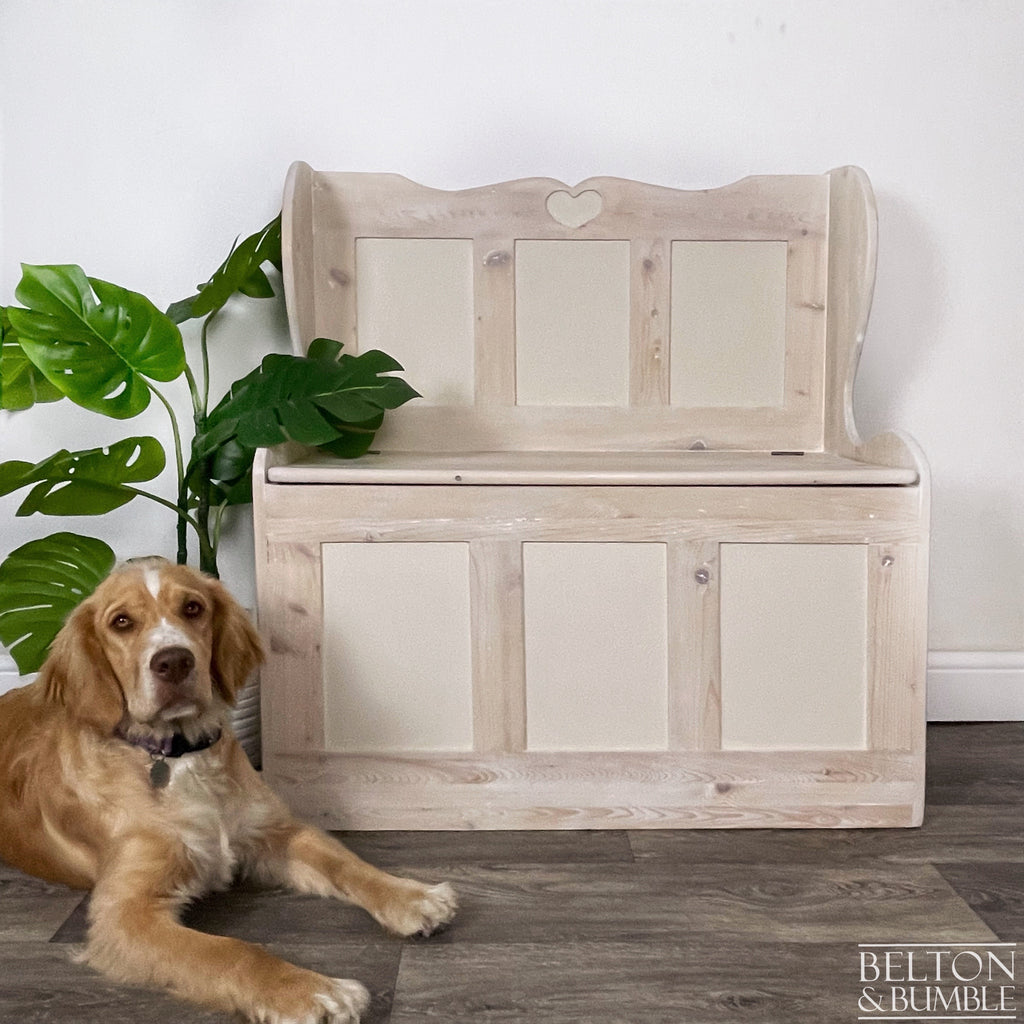 Pine Lift Lid Storage Bench Pew with a White Wash Weathered Finish-Belton & Bumble