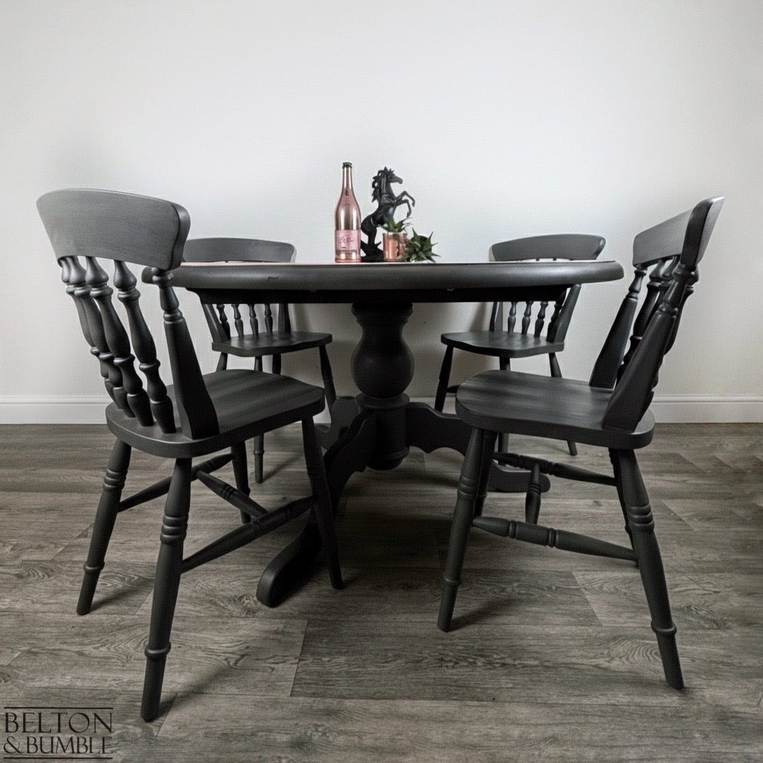 Circular Pedestal Dining Table Set with Four Farmhouse Chairs — Dark Grey