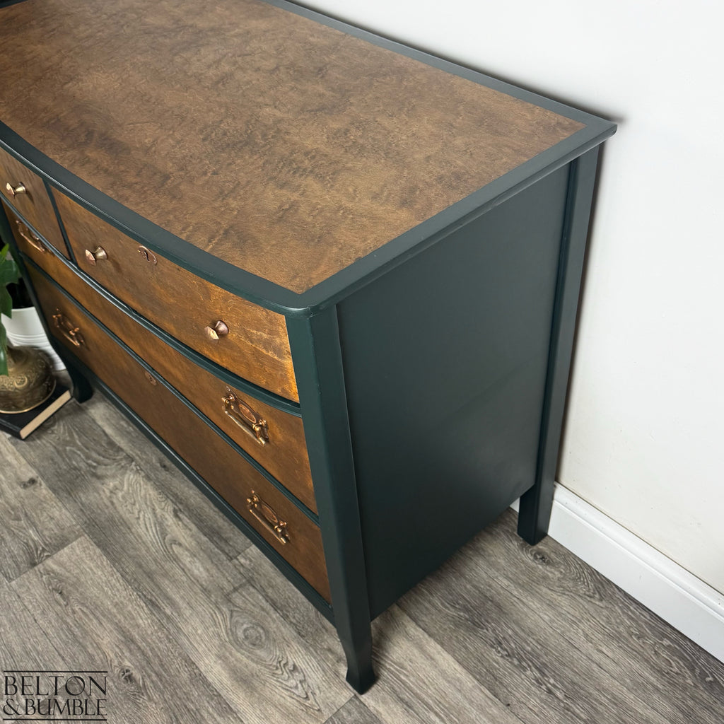 Bow Fronted Four Drawer Bird’s Eye Maple Chest of Drawers in Green