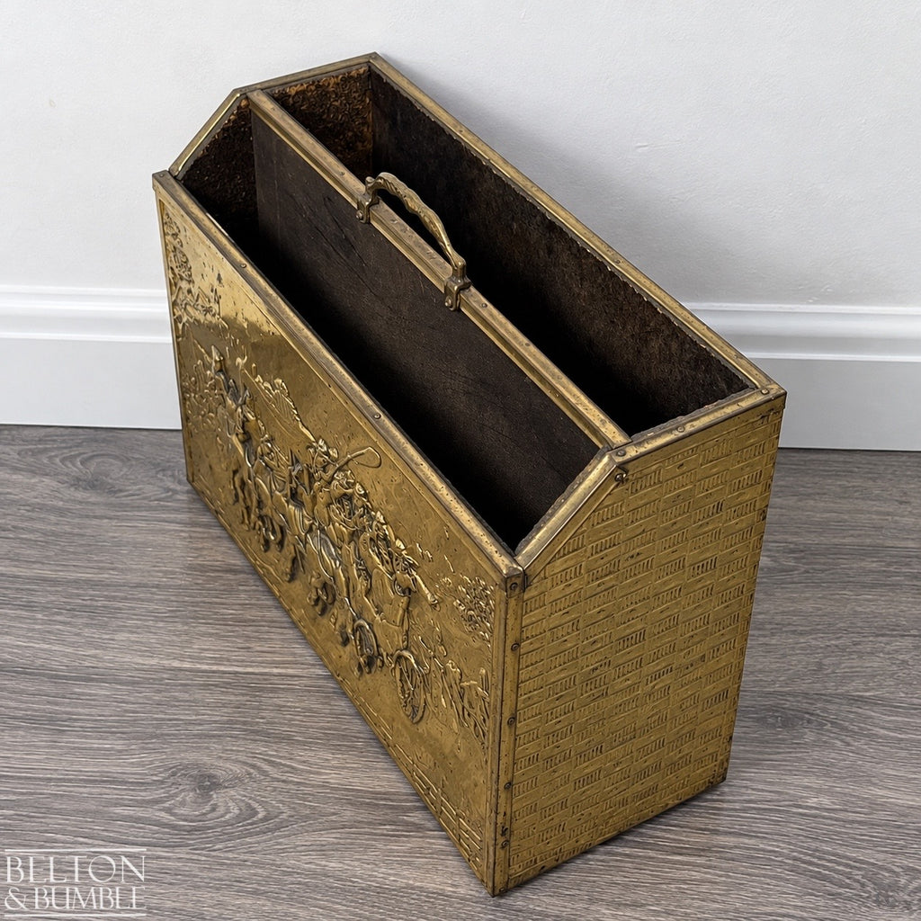 Mid Century Brass On Wood Magazine Holder with Coach & Horses Embossed