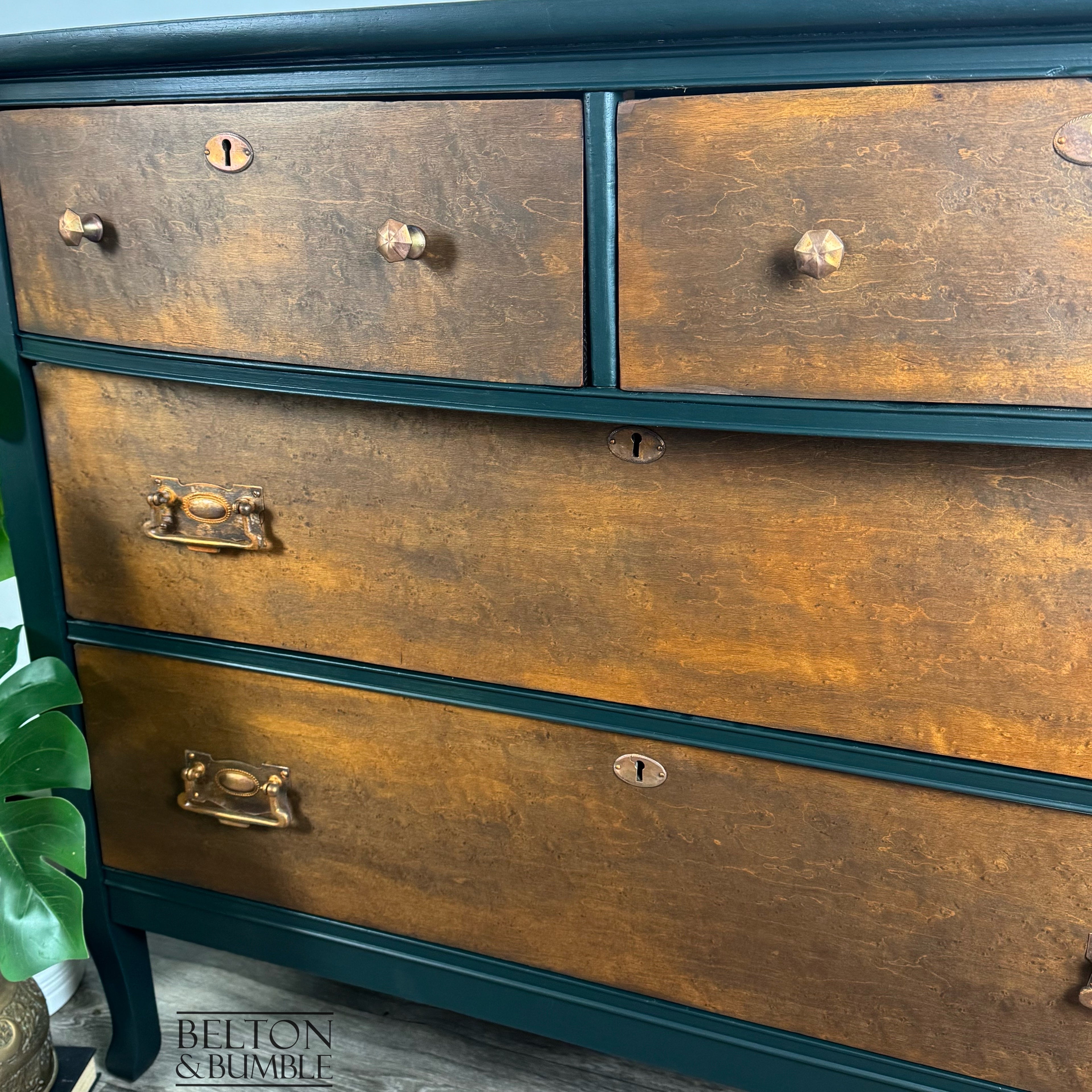 Bow Fronted Four Drawer Bird’s Eye Maple Chest of Drawers in Green