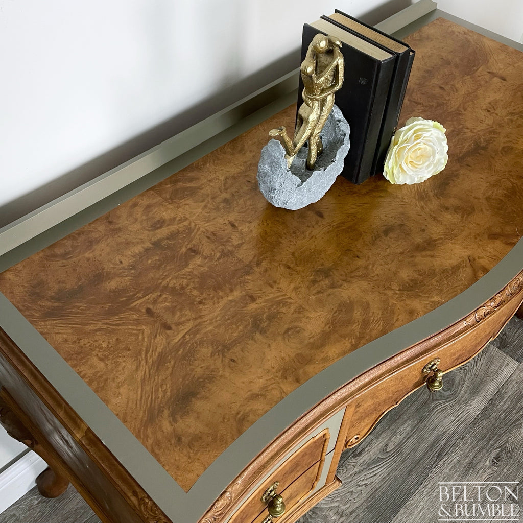 Large Cherry & Burr Cut Veneer Desk / Dressing Table in Green Grey-Belton & Bumble