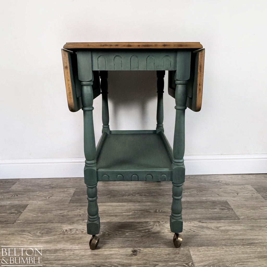 Mid 20th Century Oak Drop Leaf Serving Trolley Table in Green-Belton & Bumble