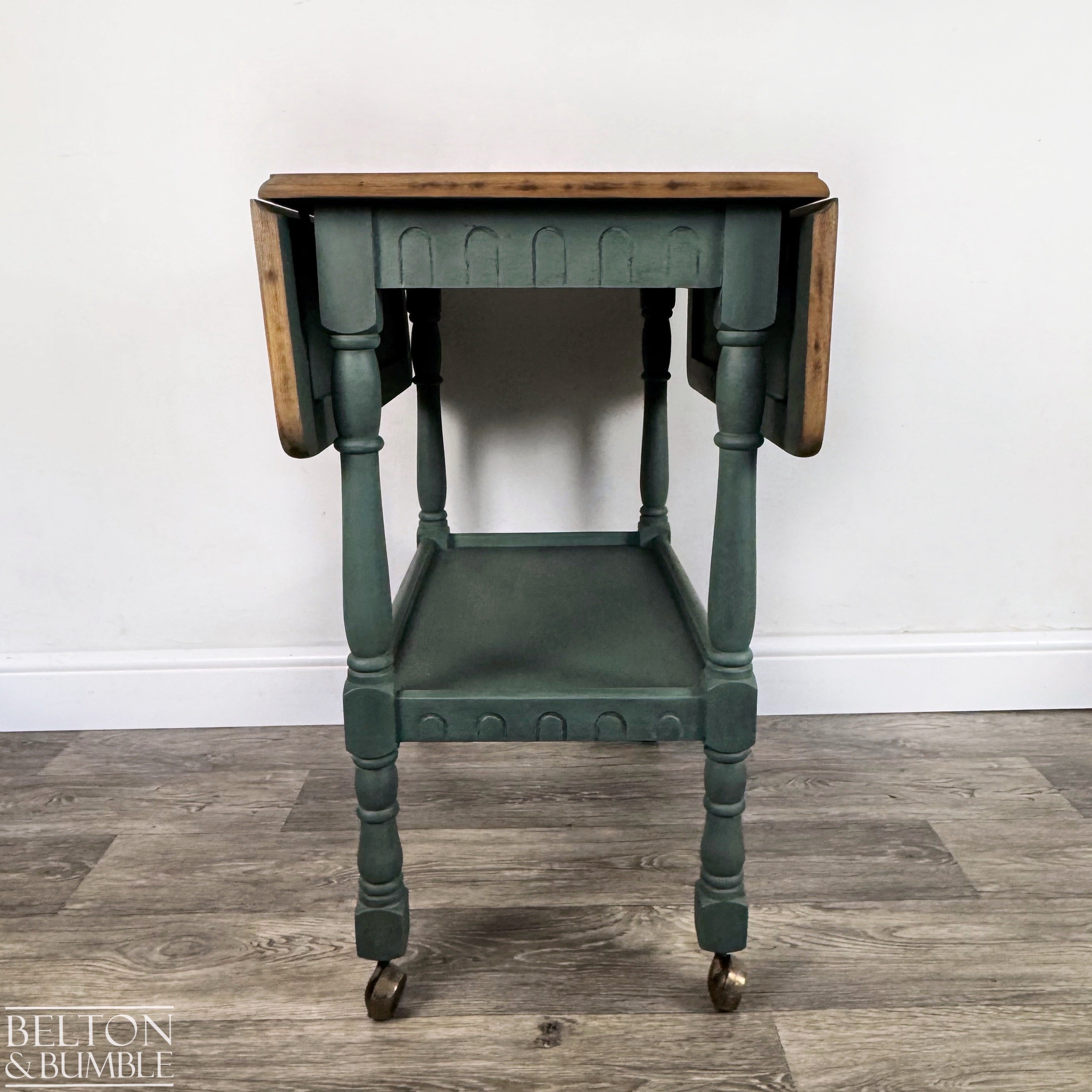 Mid 20th Century Oak Drop Leaf Serving Trolley Table in Green-Belton & Bumble