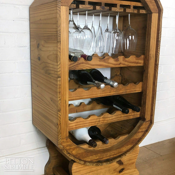 Barrel Style Oval Bottle and Glass Rack – angled view showing proportions and stance