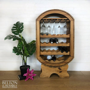 Barrel Style Oval Bottle and Glass Rack – Styled product shot with complementary decor to suggest scale