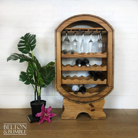 Barrel Style Oval Bottle and Glass Rack – Styled product shot with complementary decor to suggest scale