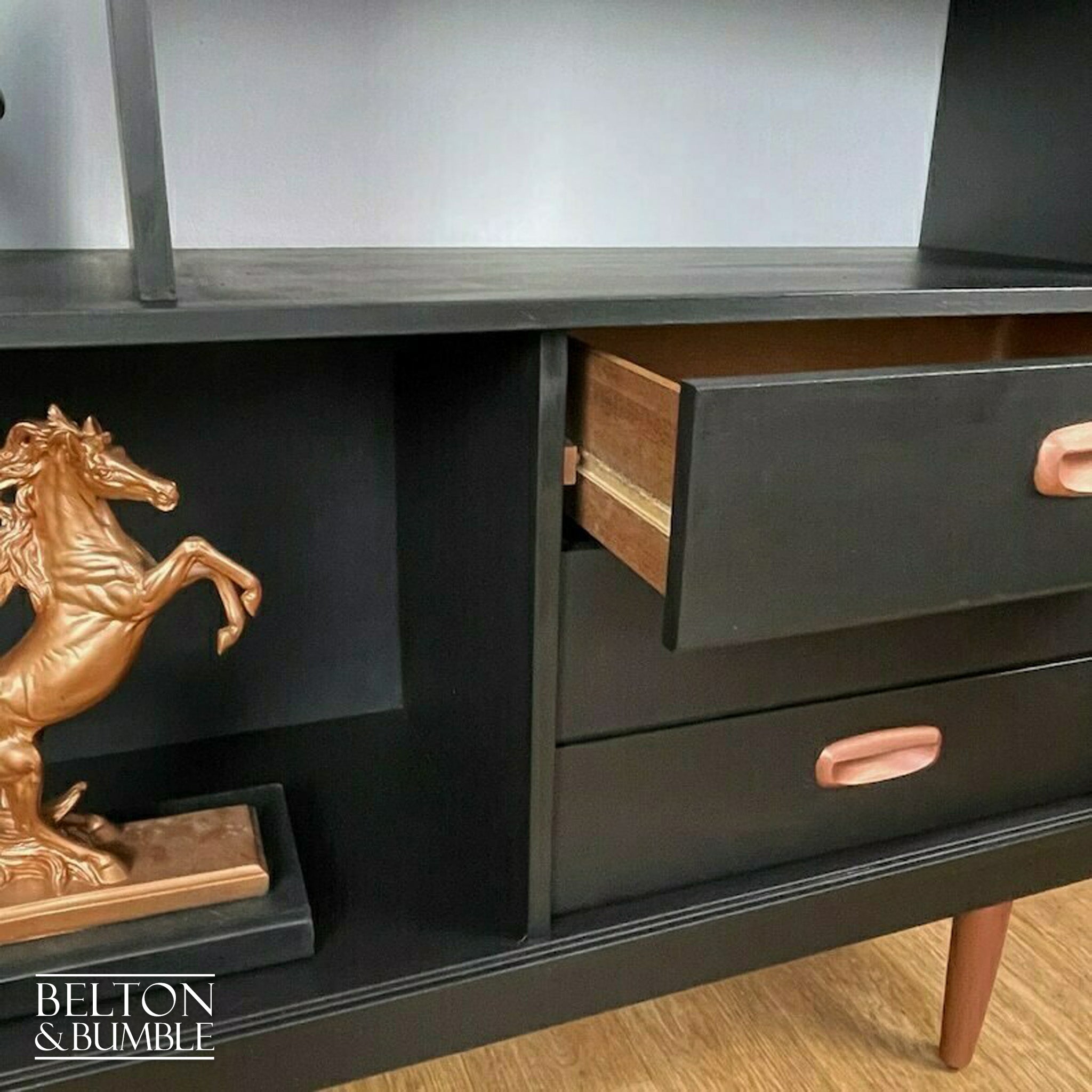 Mid Century Drinks Cabinet / Shelving Unit in Black and Copper-Belton & Bumble