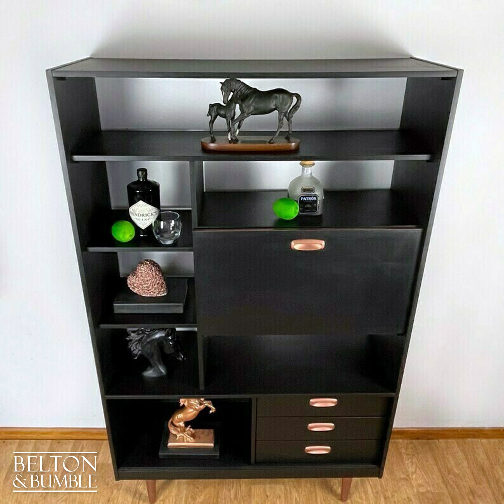 Mid Century Drinks Cabinet / Shelving Unit in Black and Copper-Belton & Bumble