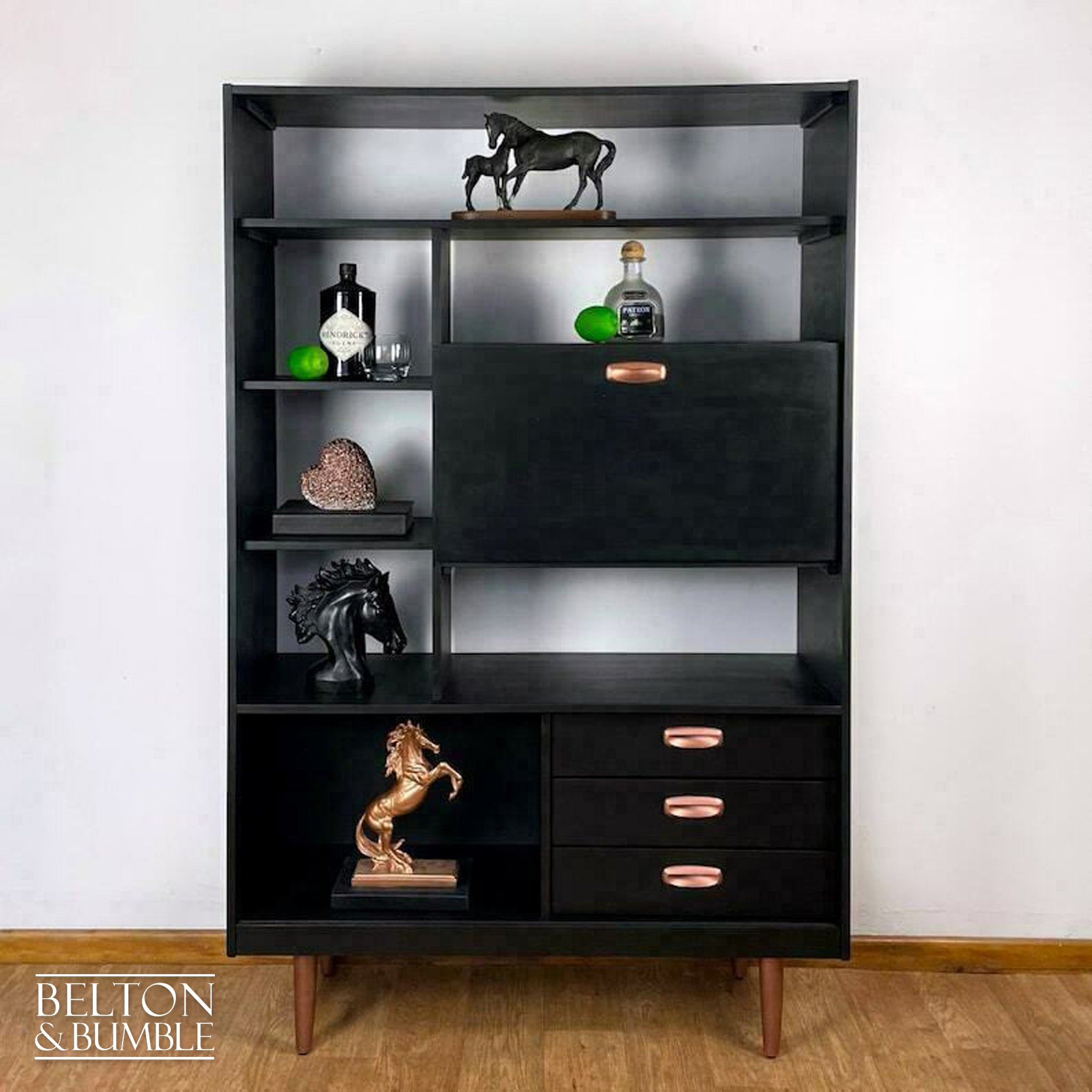 Mid Century Drinks Cabinet / Shelving Unit in Black and Copper-Belton & Bumble