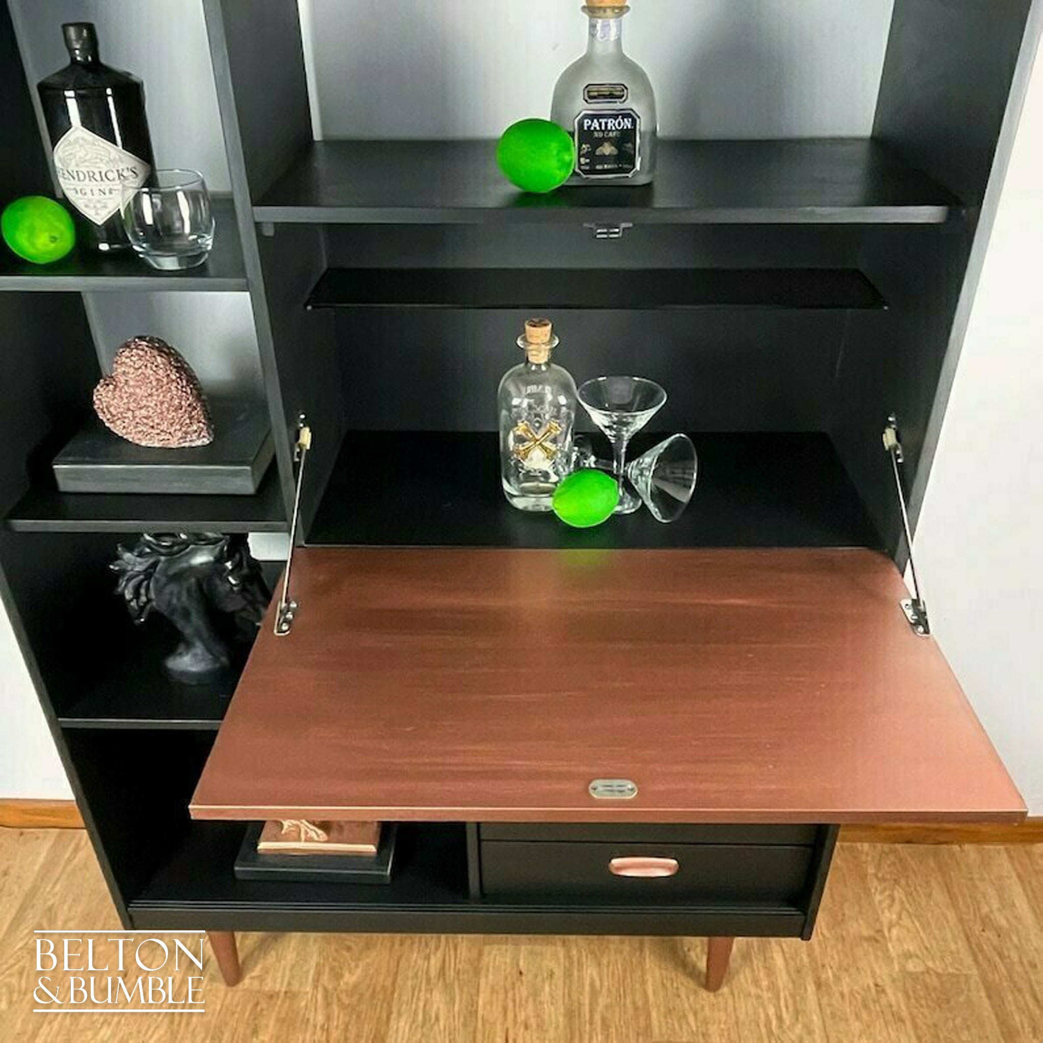 Mid Century Drinks Cabinet / Shelving Unit in Black and Copper-Belton & Bumble
