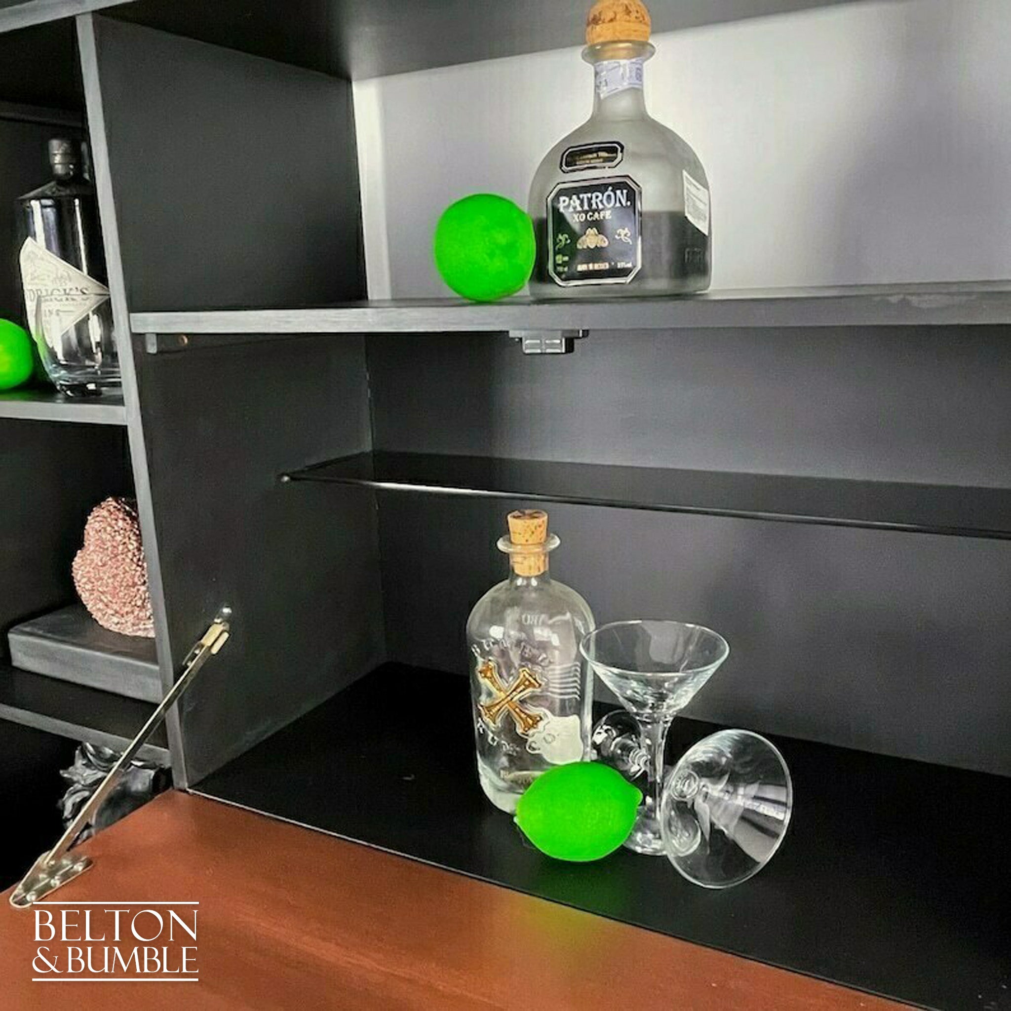 Mid Century Drinks Cabinet / Shelving Unit in Black and Copper-Belton & Bumble