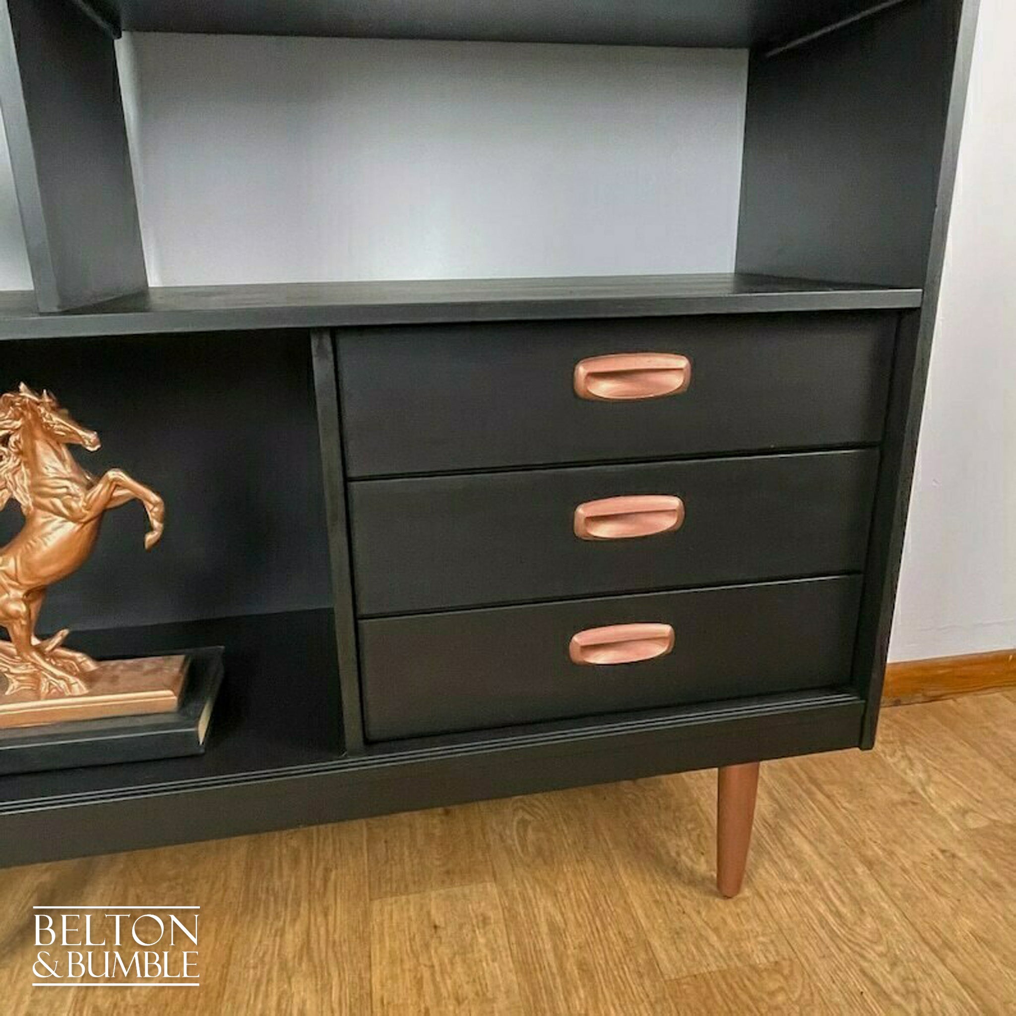 Mid Century Drinks Cabinet / Shelving Unit in Black and Copper-Belton & Bumble