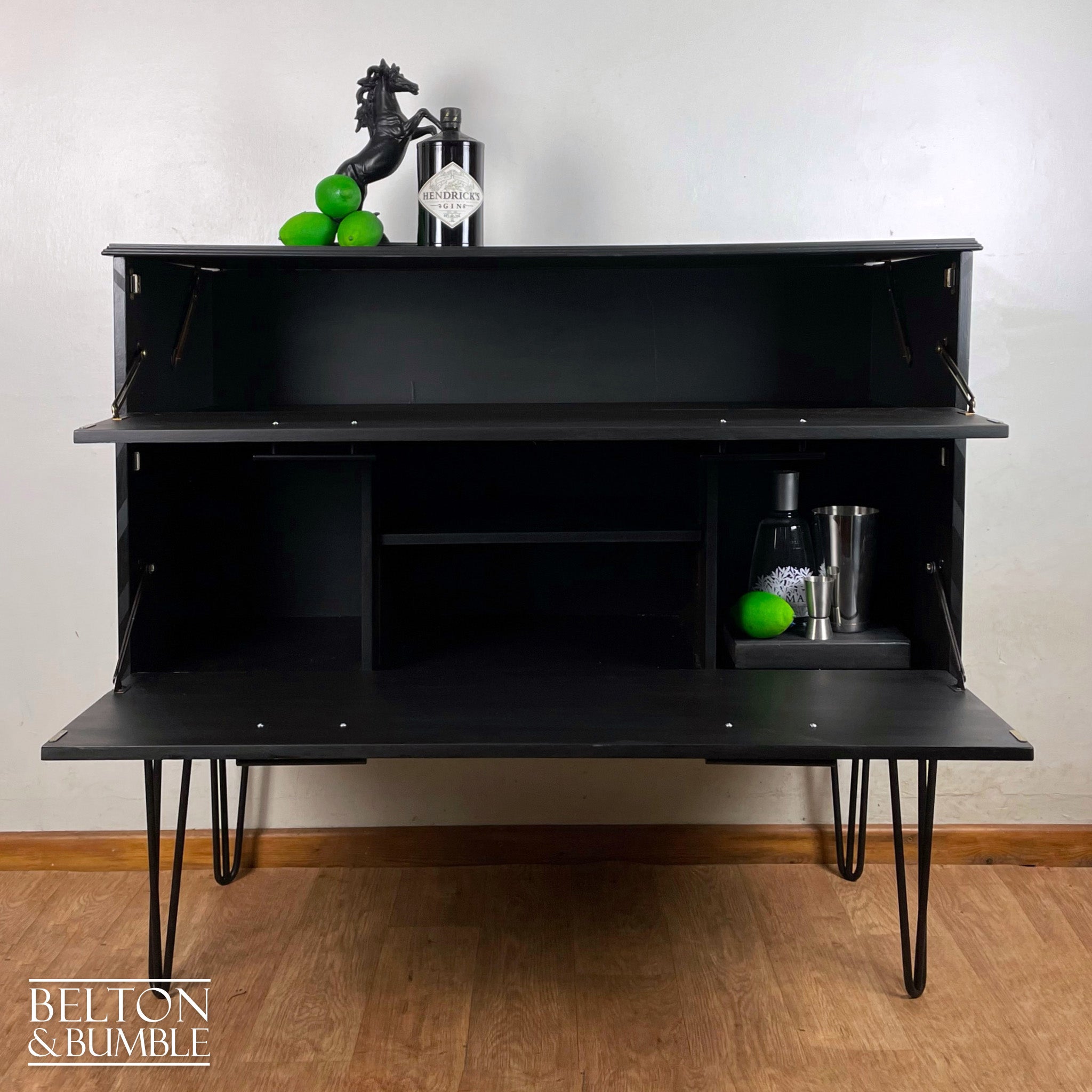 Drinks Cabinet or Record Cabinet in Black with Lift Lid and Fall Front-Belton & Bumble