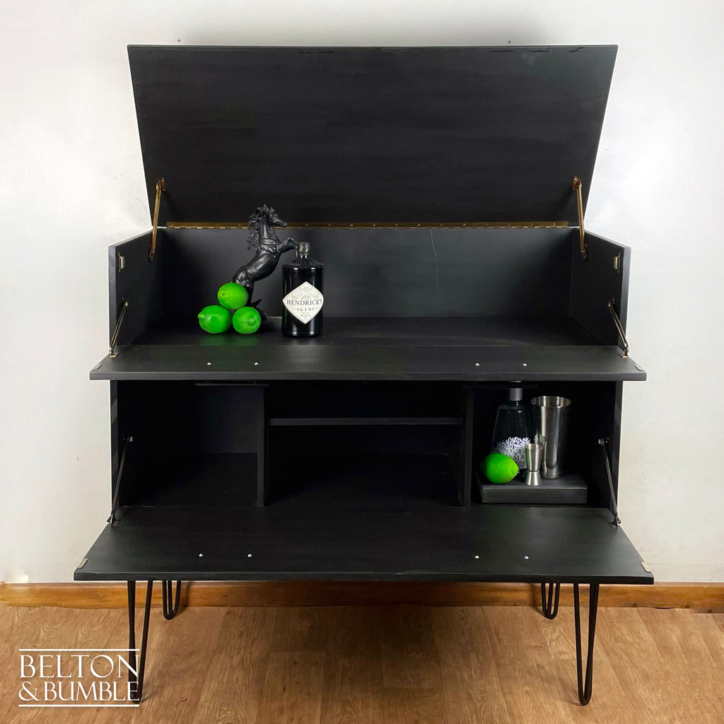 Drinks Cabinet or Record Cabinet in Black with Lift Lid and Fall Front-Belton & Bumble