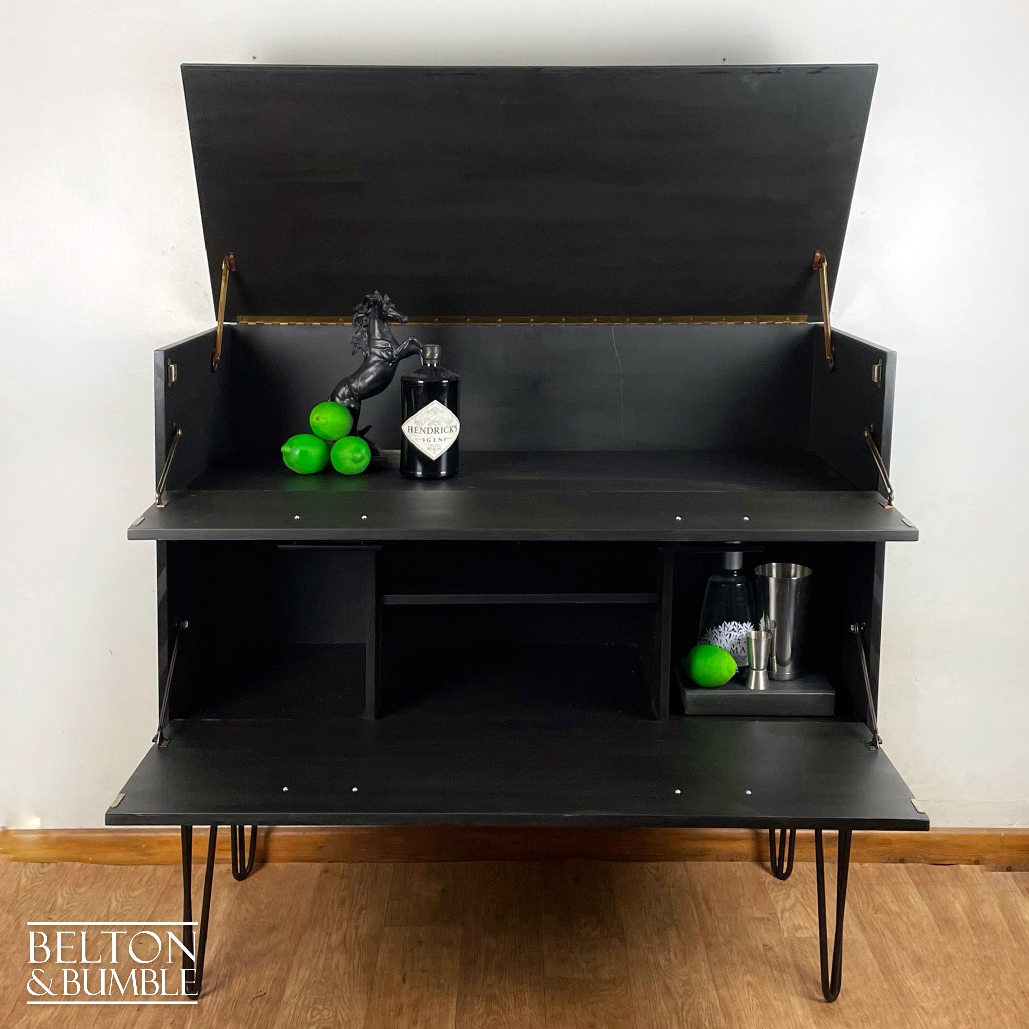 Drinks Cabinet or Record Cabinet in Black with Lift Lid and Fall Front-Belton & Bumble