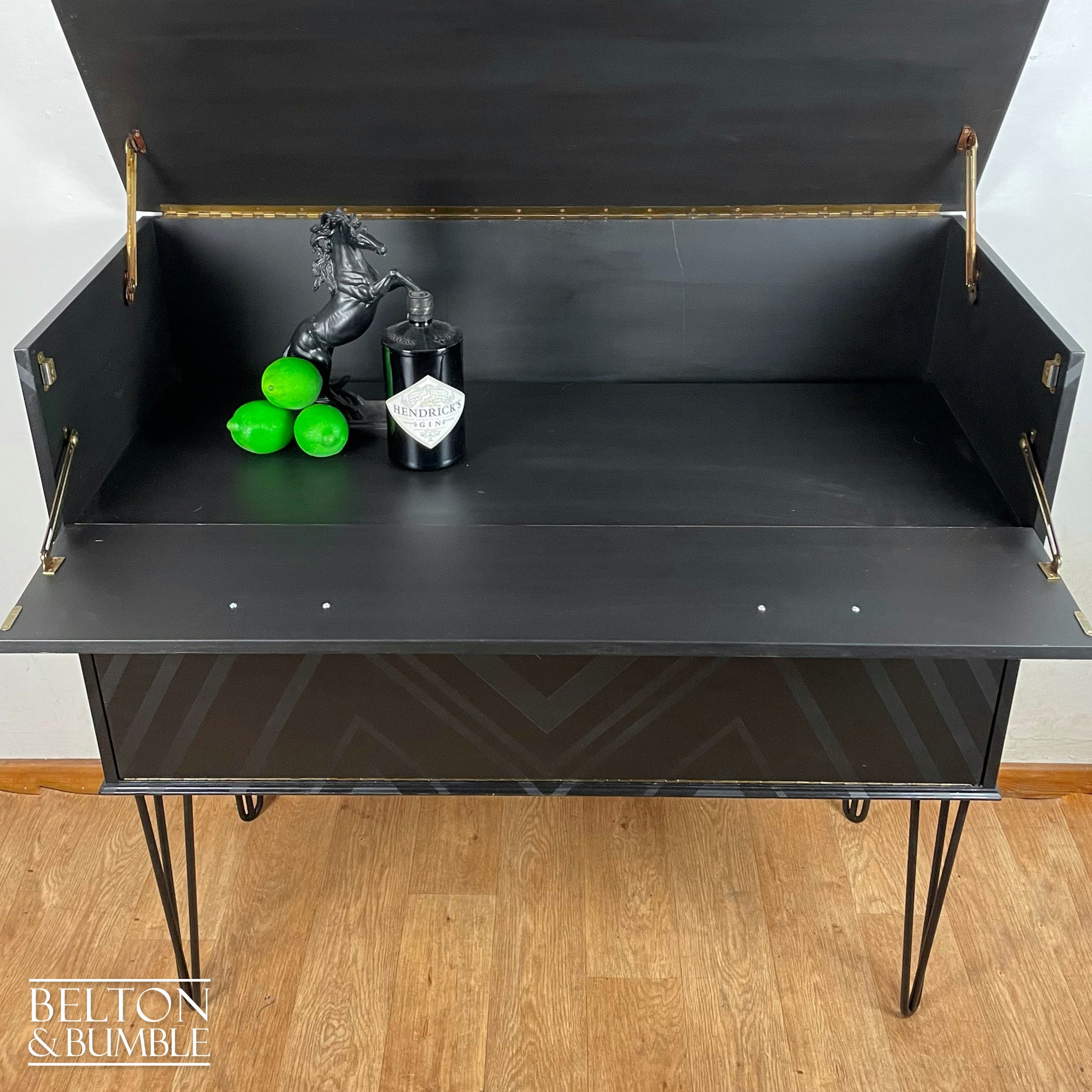 Drinks Cabinet or Record Cabinet in Black with Lift Lid and Fall Front-Belton & Bumble