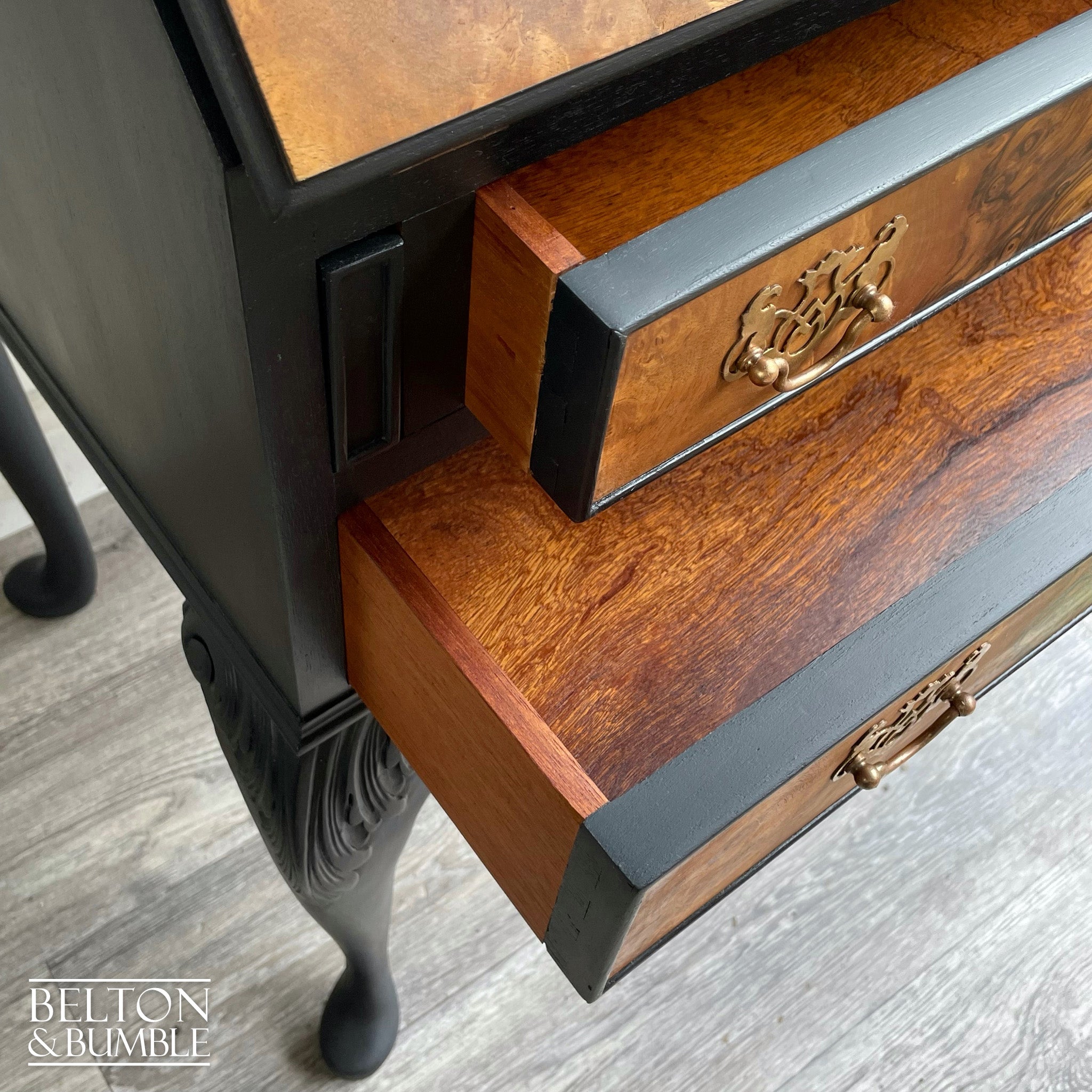 Queen Anne Vintage Burr Walnut Long Legged Bureau Writing Desk in Black-Belton & Bumble