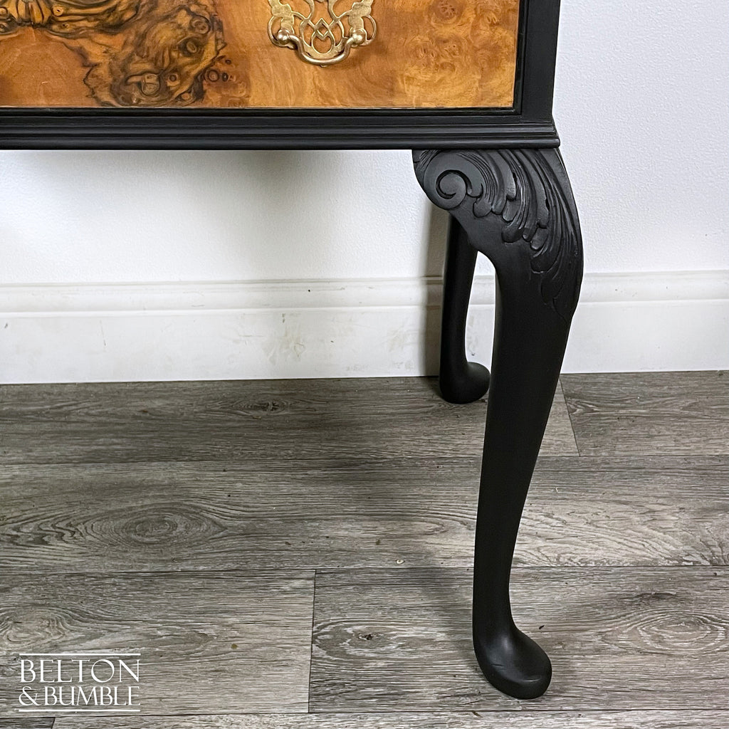 Queen Anne Vintage Burr Walnut Long Legged Bureau Writing Desk in Black-Belton & Bumble